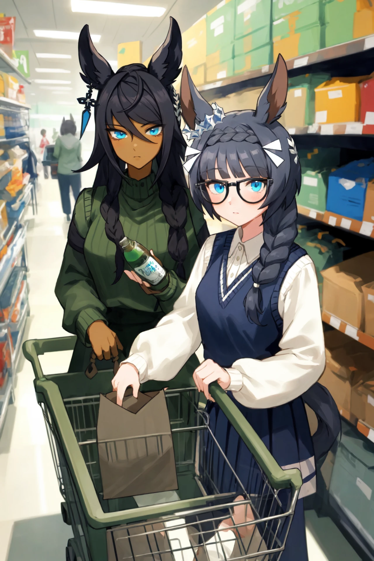 masterpiece, best quality,
2girls, zenno rob roy \(umamusume\), symboli kris s \(umamusume\), casual, collared shirt, holding bottle, crown braid, shopping cart, long sleeves, dark skin, dark-skinned female, side braid, looking at viewer, black-framed eyewear, sweater vest, green jacket, glasses, white shirt, blue skirt<lora:UmaMusume_AIO_SD1.5:0.9>