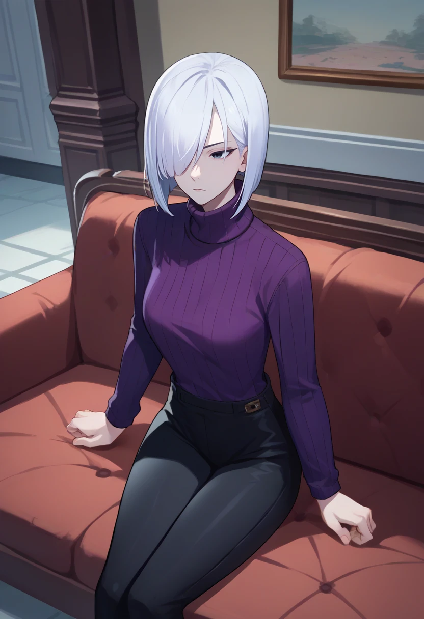 score_9, score_8_up, score_7_up, source_anime, solo, 1girl, fionadef, expressionless, looking away, sitting, couch, short hair, white hair, hair over one eye, grey eyes, purple sweater, ribbed sweater, turtleneck sweater, black pants, indoors <lora:spyxfamily_fionafrost_ponyXL:1>