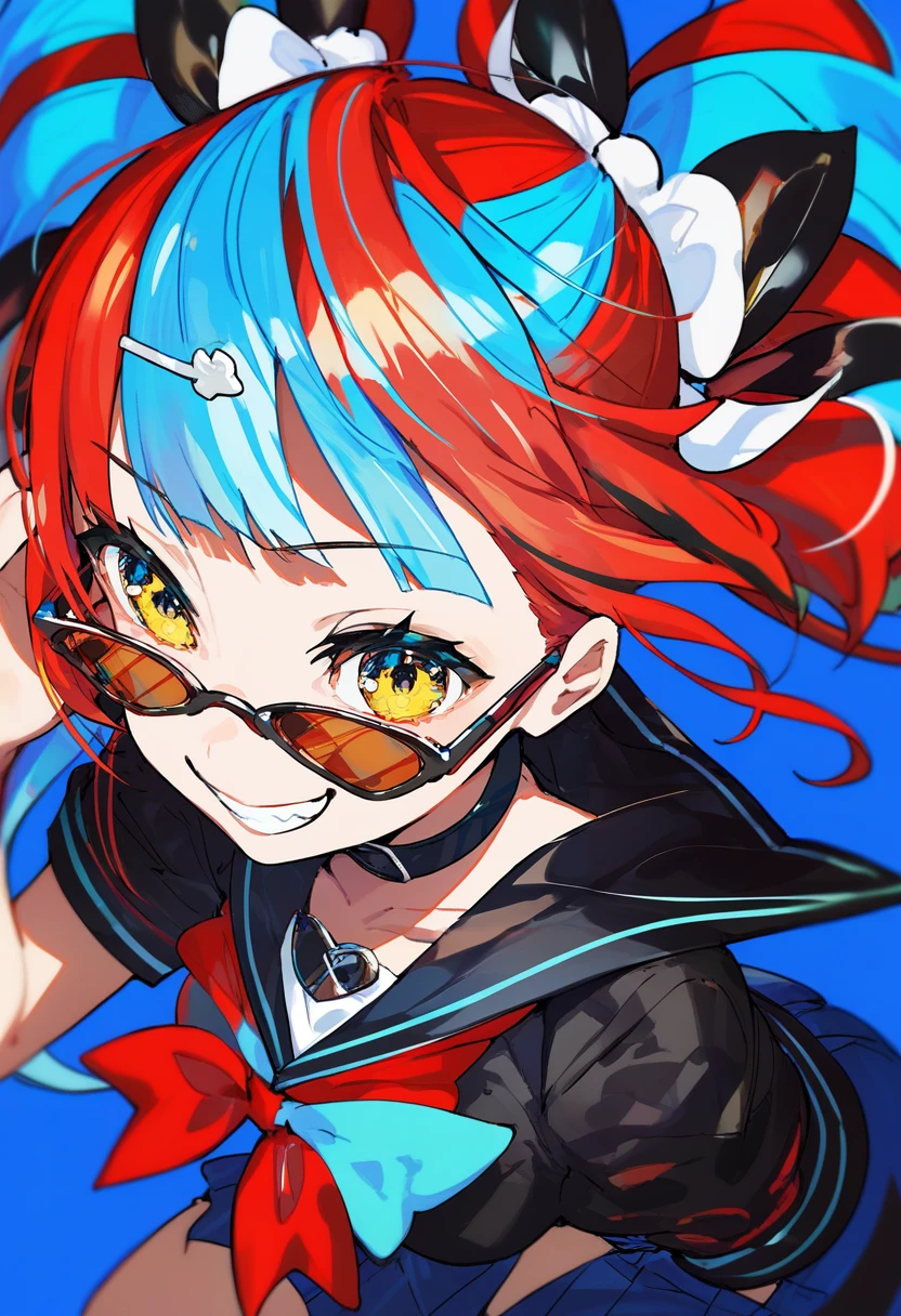 score_9, score_8_up, score_7_up, score_6_up, <lora:MikaPikaZoXL_Js2_lokr_V42310:0.95> 1girl, sei shounagon \(fate\), smile, multicolored hair, solo, unworn eyewear, yellow eyes, twintails, blue background, sailor collar, grin, black hair, looking at viewer, red hair, sunglasses, eyewear hang, blue hair, black sailor collar, black shirt, skirt, school uniform, bow, choker, long hair, shirt, collar, hair ornament, hairclip, serafuku, red bow, jacket, simple background