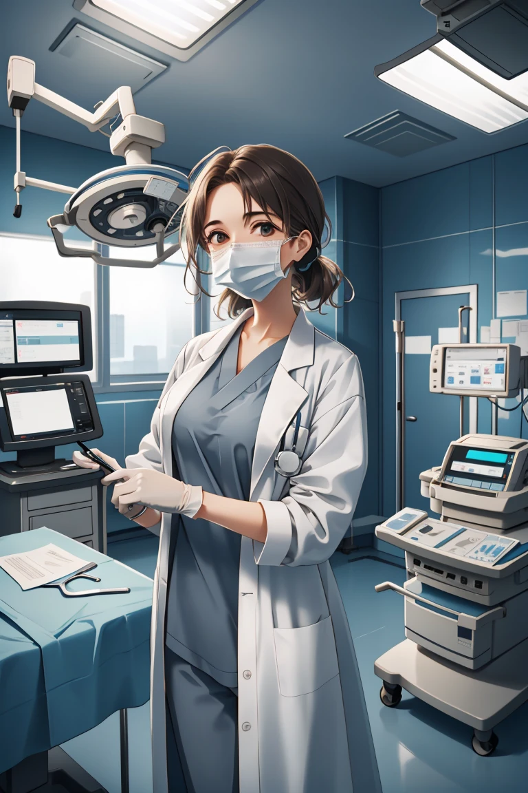 (RAW photo, best quality), operating room, overhead surgical light,blurred background, focused, dithering,backlighting,
 <lora:doctor_surgery_V1.0-000005:0.8> doctor_in_surgery, surgical mask, 1girl, indoors, labcoat, gloves, looking at viewer, doctor,