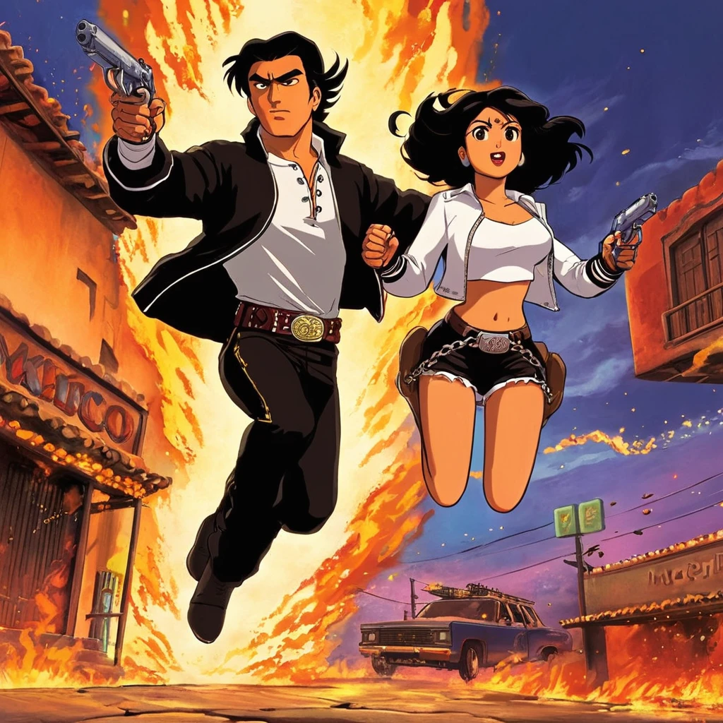 anime artwork of  <lora:perfection style:0.5> <lora:detailed:0.5> perfection detailed
 <lora:Rodriguez's Mexico Trilogy film style:1> In cartoon
In the United Mexican States "El Mariachi" and "Carolina" a man and a woman jumping in the air in handcuffs with big fire explosion in backgroun,1girl,black hair,1boy,jacket,barefoot,midriff,belt,chain,fire,cuffs,jumping,explosion , cinematic, film, kodak, Rodriguez's Mexico Trilogy film style, anime style, key visual, vibrant, studio anime,  highly detailed