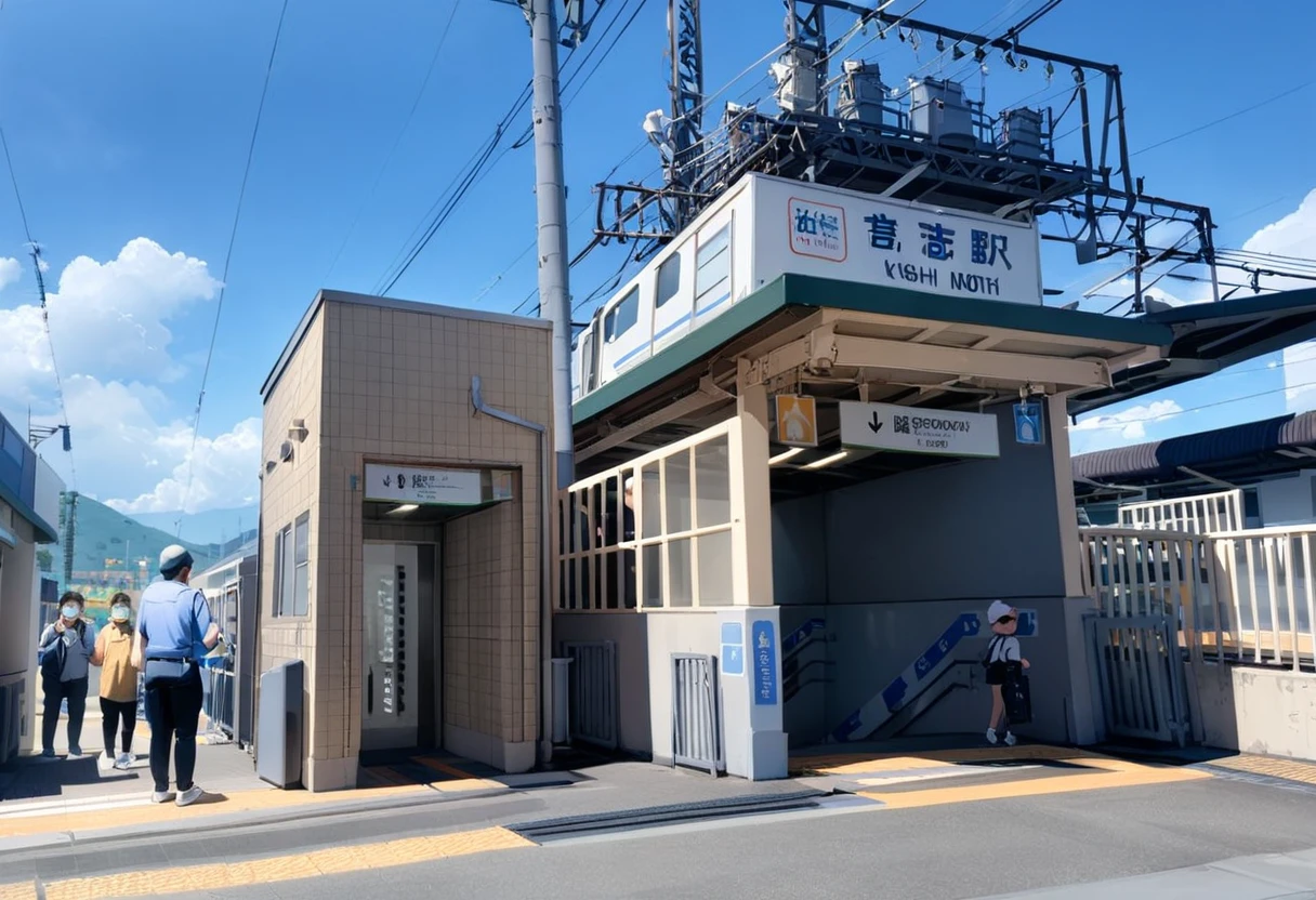 masterpiece, best quality, very aesthetic, absurdres,
kishieki_NORTH, scenery, outdoors, sky, sign, day, blue sky, building, cloud, power lines, railing, train, railroad tracks, english text
<lora:kintetsu_kishi_eki_SDXL_V2:1>