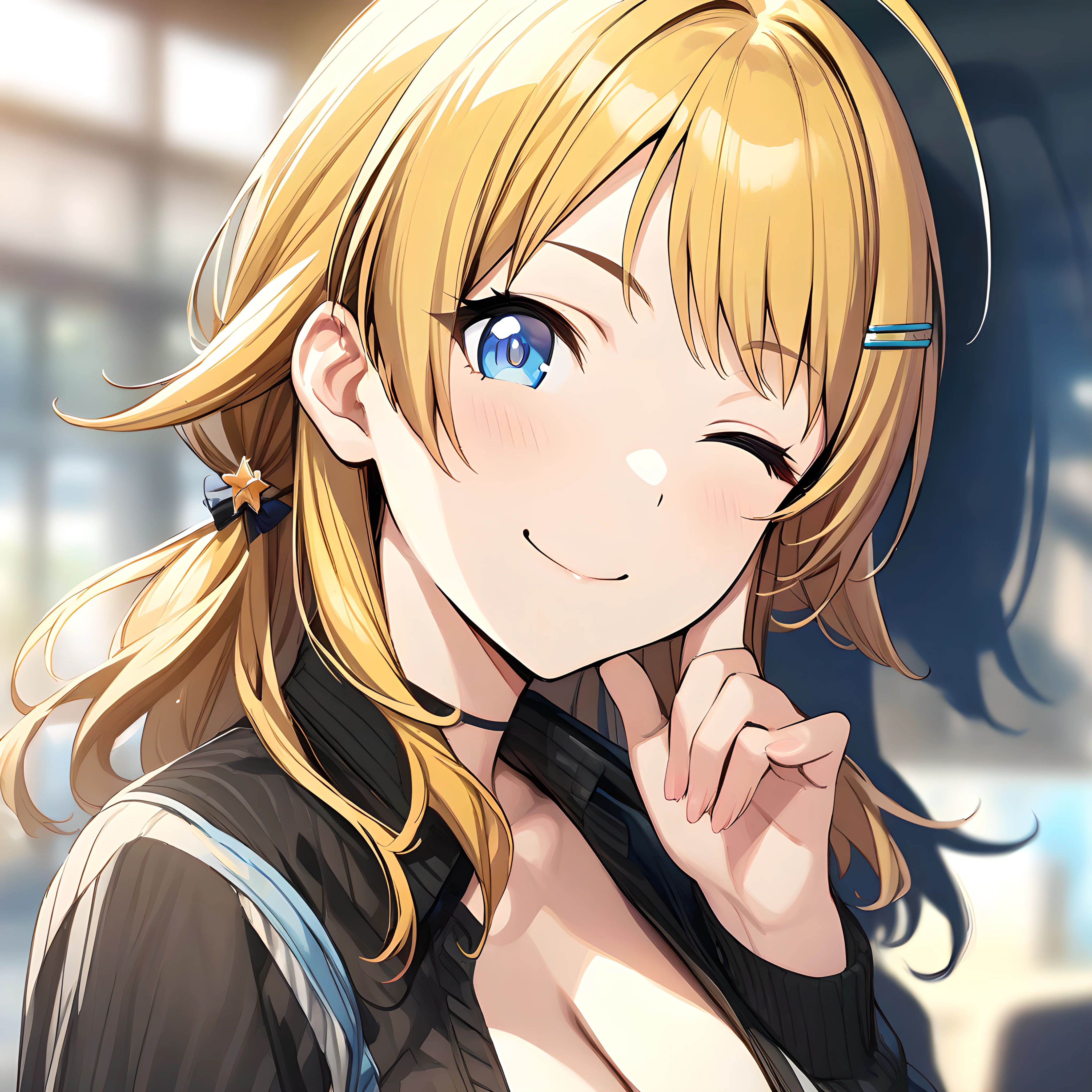 (masterpiece),(best quality),(ultra-detailed),(best illustration),(best shadow),(absurdres),(detailed background),(very aesthetic),  meguru hachimiya, 1girl, one eye closed, blonde hair, solo, hair ornament, blue eyes, smile, hairclip, long hair, , breasts, cleavage, blurry background, looking at viewer, shirt, jewelry, portrait, close-up<lora:XL-MeguruHachimiyav1:1>