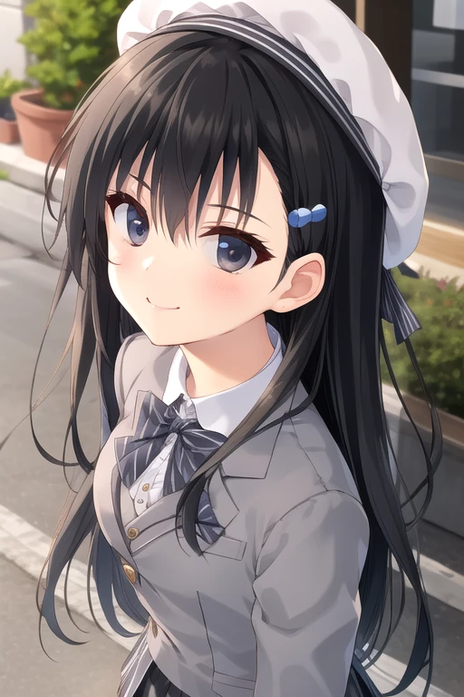 ((masterpiece)),(best quality),official art,extremely delicate and beautiful,extremely detailed CG,unity 8k wallpaper,ultra detailed,beautiful detailed eyes,extremely detailed face,outdoors,1girl,solo,upper body,(portrait:1.5),looking at viewer,facing viewer,smile,(petite:1.2),Akiyoshi Fuyuka,beret,grey headwear,very long hair,black hair,floating hair,hair ornament,hairclip,hairpin,sidelocks,hair between eyes,bangs,black eyes,school uniform,grey jacket,blazer,grey bowtie,striped bowtie,white shirt,collared shirt,long sleeves,medium breasts,striped skirt,vertical stripes,pleated skirt,frilled skirt,black pantyhose,knee boots,lace-up boots,cross-laced footwear,<lora:Akiyoshi Fuyuka(Kanojo no Seiiki):0.8>,