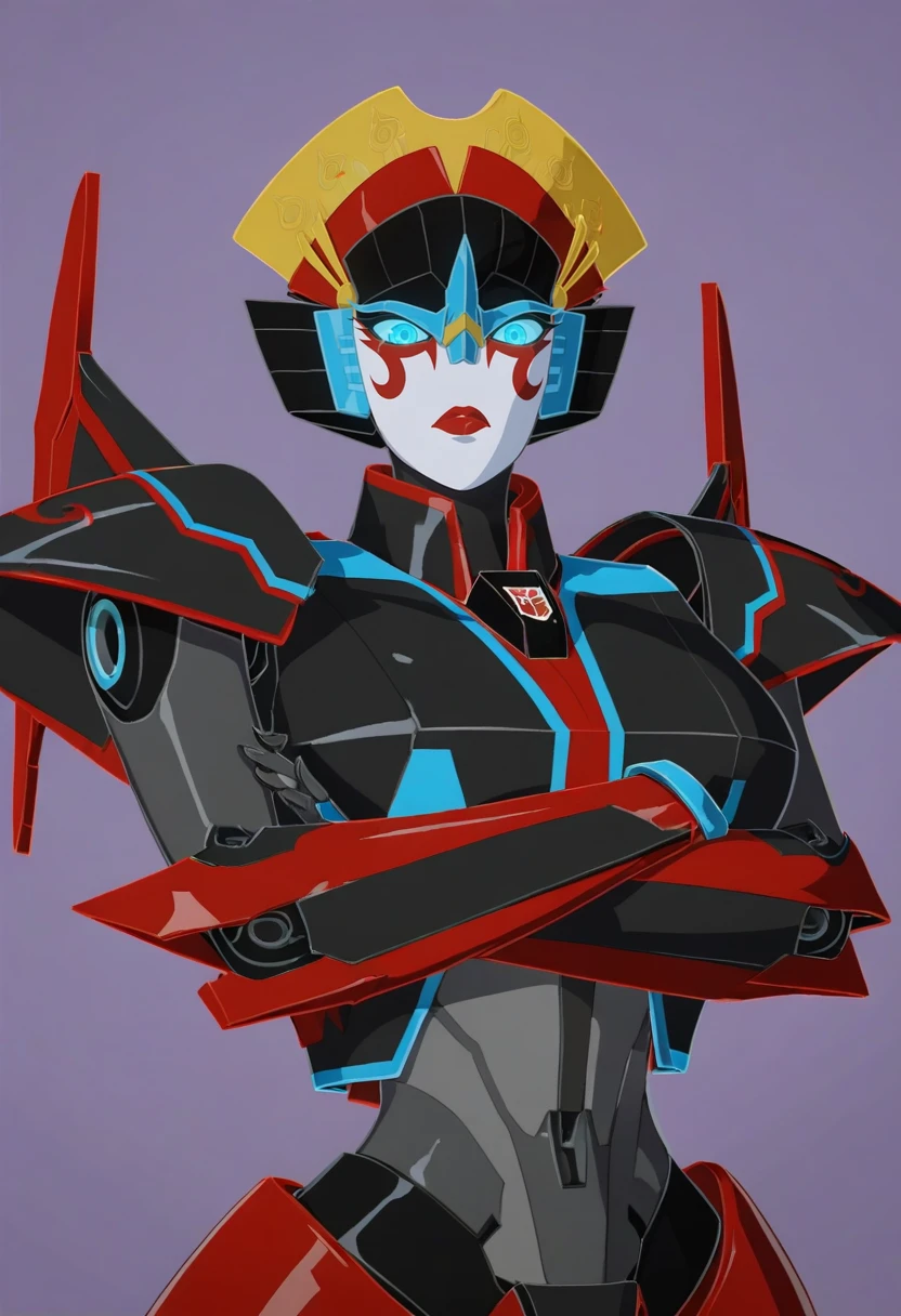 score_9, score_8_up, score_7_up, score_6_up, score_5_up, score_4_up, 1girl, <lora:Windblade:0.8> solo, robot, mecha, red lips, blue eyes, glowing eyes, looking at viewer, upper body, angry, big breasts, from below, arms crossed,
purple background, simple background,