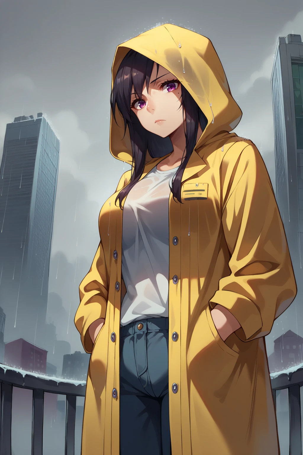 score_9, score_8_up, score_7_up, source_anime, dutch angle, looking at viewer, expressionless, ntsmsg, mole under eye, large breasts, purple eyes, black hair, long hair, raincoat, hood up, hands in pocket, pants, overcast, rain, skyline, <lora:Hoseki_WWY_NatsumiSuga_PDXL_v1:1>