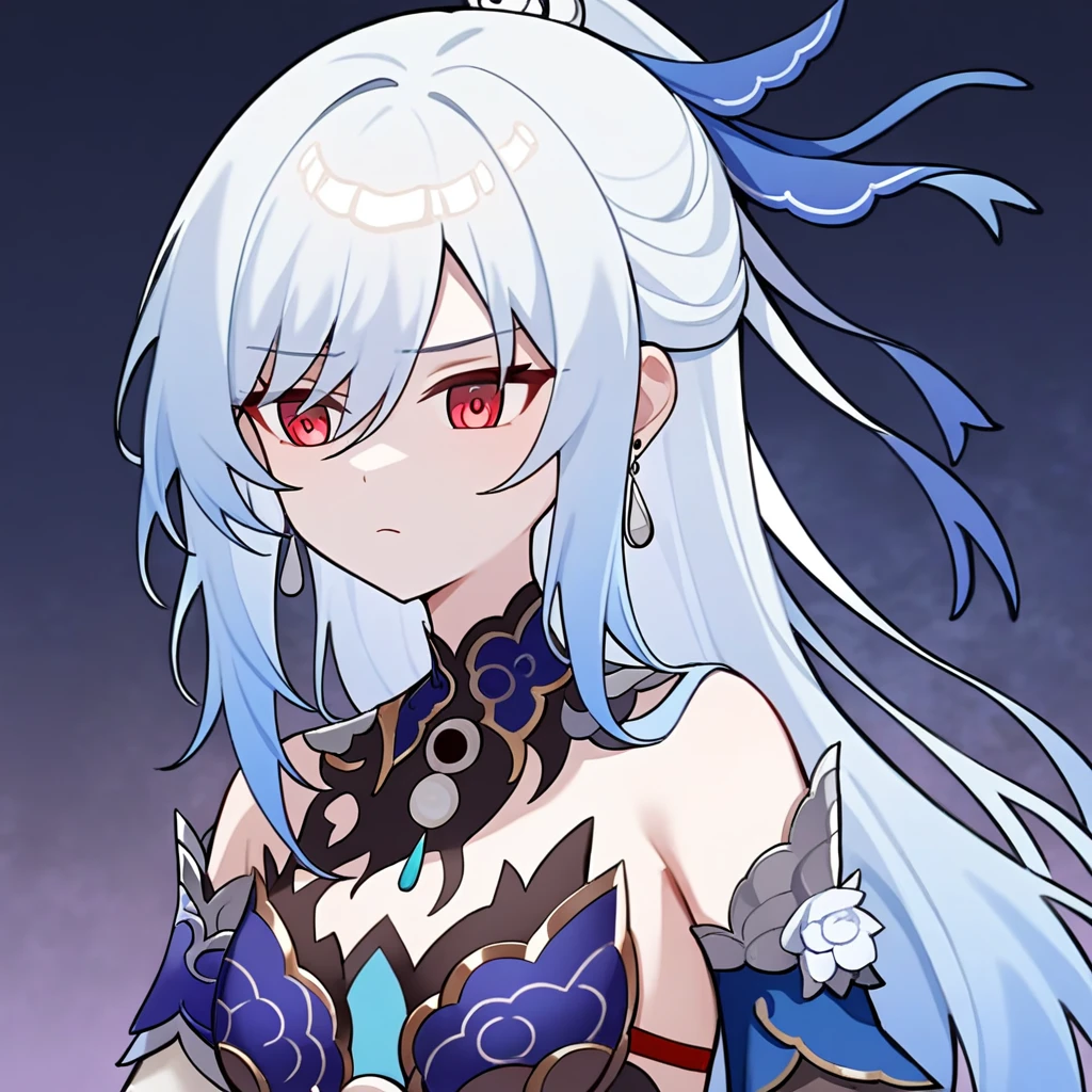 ,1girl,solo,upper body,,jingliu,1girl,white hair,long hair,ponytail,hair ribbon,red eyes,earrings,jewelry,blue dress,bare shoulders,detached sleeves,<lora:Qszb>,<lora:jingliux_xl:1>, masterpiece, best quality, very aesthetic, absurdres