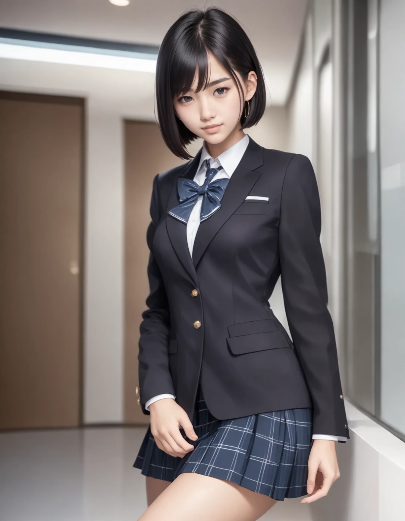 1girl, solo,
(Best quality:1.0),(masterpiece:1.0),photorealistic,
(realistic),photograph,hyperdetailed photography,raw photo,
cowboy shot,
(black hair:1.1), (black eyes),
short cut hair,
(medium breasts:1.1),
slender,
BREAK
(japanese:1.2),
blazer school uniform,school ,indoors,
smile,
(20yo:1.2)