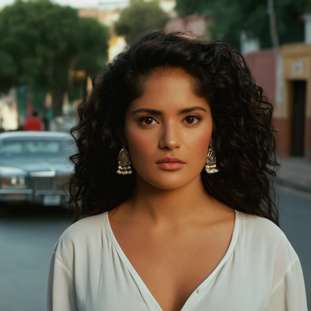 cinematic film still of  <lora:perfection style:0.5> <lora:detailed:0.5> perfection detailed
 <lora:Rodriguez's Mexico Trilogy film style:1>
In the United Mexican States Salma as Carolina a woman with long hair and earrings standing in a street,1girl,solo,long hair,shirt,black hair,brown eyes,jewelry,collarbone,white shirt,upper body,earrings,dark skin,blurry,dark-skinned female,lips,blurry background,curly hair,realistic , cinematic, film, kodak, Rodriguez's Mexico Trilogy film style, shallow depth of field, vignette, highly detailed, high budget, bokeh, cinemascope, moody, epic, gorgeous, film grain, grainy