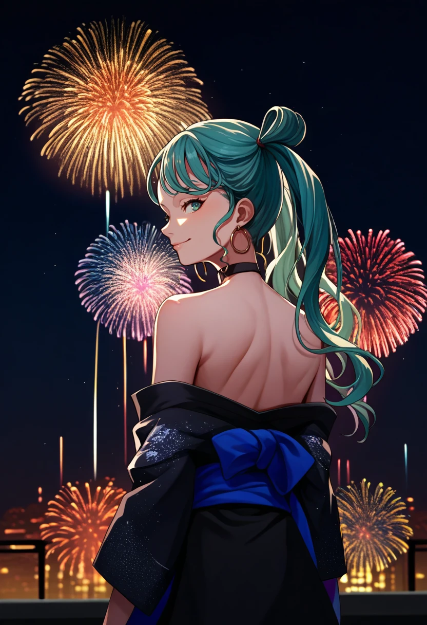 score_9, score_8_up, score_7_up, source_anime, from behind, solo, 1girl, vbsmiku, smile, looking back, twintails, black kimono, off shoulder, blue sash, hoop earrings, black choker, bare shoulders, fireworks <lora:projectsekai_vividbadsquadmiku_ponyXL:1>