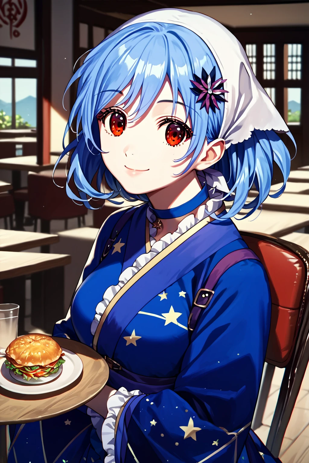 score_9, score_8_up, score_7_up, score_6_up, rating_safe, source_anime, best quality, masterpiece, detailed background, detailed eyes, restaurant, greeting, <lora:houkiboshi-xl-02:1>, houkiboshi, starry dress, white bandana, medium breasts, full breasts, smile, red eyes, light blue hair,