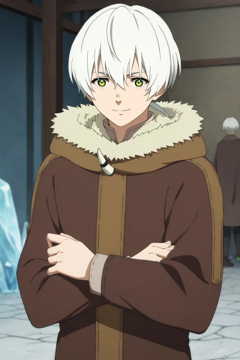score_9, score_8_up, score_7_up, source_anime, rating_safe, intricate details, , , depth of field, 1boy, solo, male focus, <lora:fushi_fumetsu_pony:0.84>, fushi_fumetsu, white hair, green eyes, short hair, hair between eyes, bangs, ponytail, fur trim, brown cape, cloak, upper body, cold, ice, indoors, dark, arms under breasts, smirk, , <lora:sdxl_lightning_8step_lora:1>