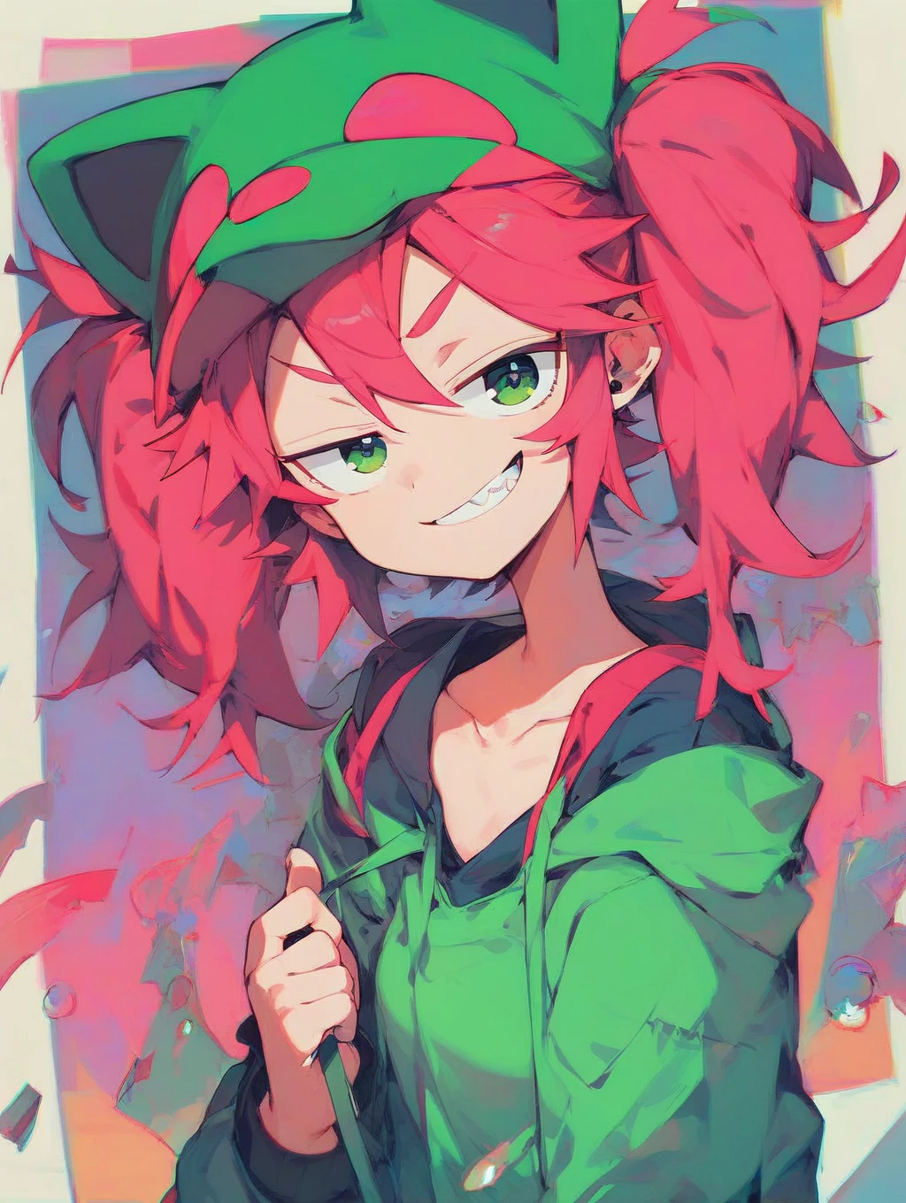 score_9,score_7_up, 1girl, (looking at viewer:1.2),  <lora:jitome_pony_v01Ca:4>, grin,  pink hair, twintails, green eyes, messy hair, toon \(style\), cartoon, flat color, hoodie, cartoonized