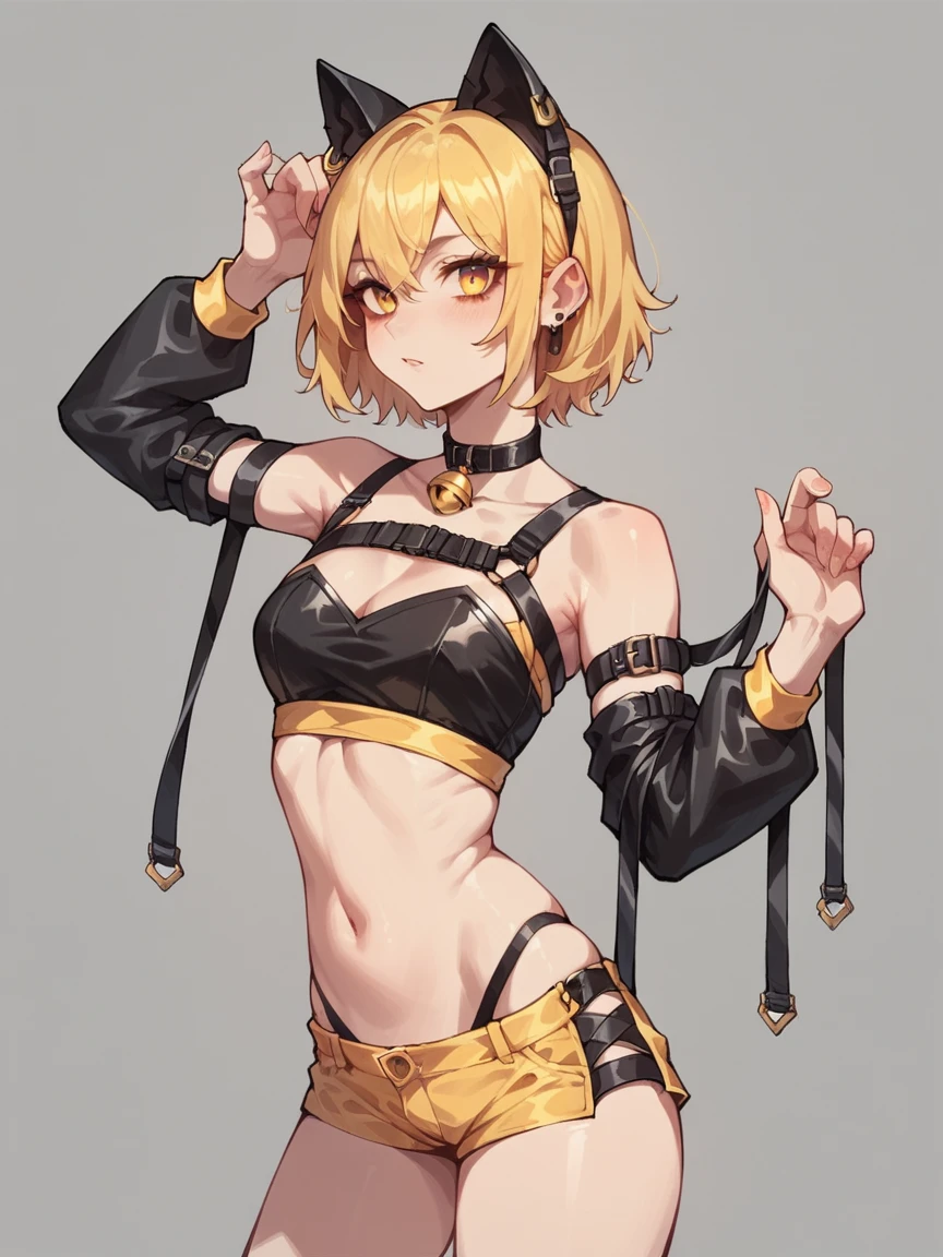 score_9, score_8_up, score_7_up, score_6_up,  <lora:d4ng3rXLP:0.6> d4ng3r, shorts, elbow gloves, 1girl, cat ears, crop top, yellow and black