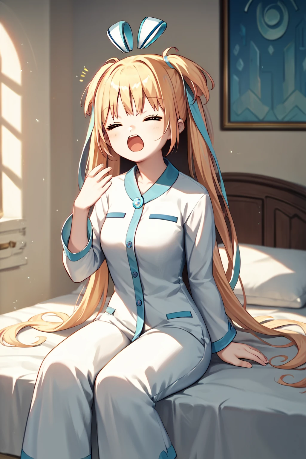 score_9, score_8_up, score_7_up, score_6_up, rating_safe, source_anime, best quality, masterpiece, detailed background, detailed eyes, solo, bedroom, sitting on bed, yawning, closed eyes, <lora:lunar-q-xl-05:0.8>, lunar q, lunaria headpiece, white pajamas, small breasts, full breasts,