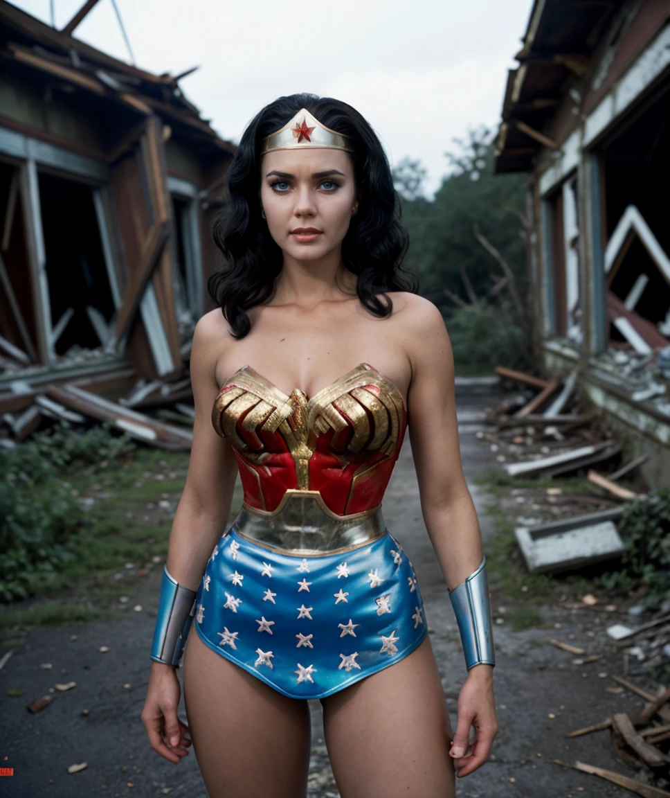 cinematic photo , intricate detailed, flash photography,  <lora:quiron_WonderWomanRetro_v1340_Lora:0.67>  wonderWomanRetroquiron, wonderWomanRetro, black hair, realistic, solo, long hair, blue eyes,standing , at Abandoned village with crumbling homes and overgrown paths, , fantasy,  . 35mm photograph, film, bokeh, professional, 4k, highly detailed