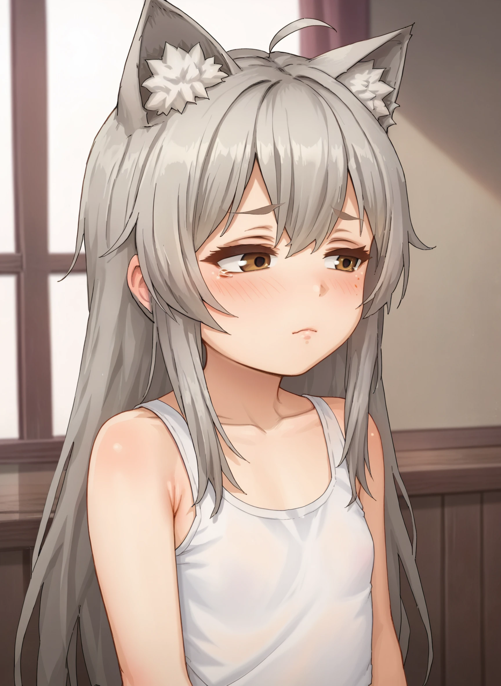 score_9, score_8_up, score_7_up, score_6_up, crbb_style,
1girl, solo, long hair, blush, animal ears, closed mouth, brown eyes, grey hair, looking to the side, ahoge, upper body, portrait, animal ear fluff, half-closed eyes, white tank top
<lora:crbb_pdxl6:1>