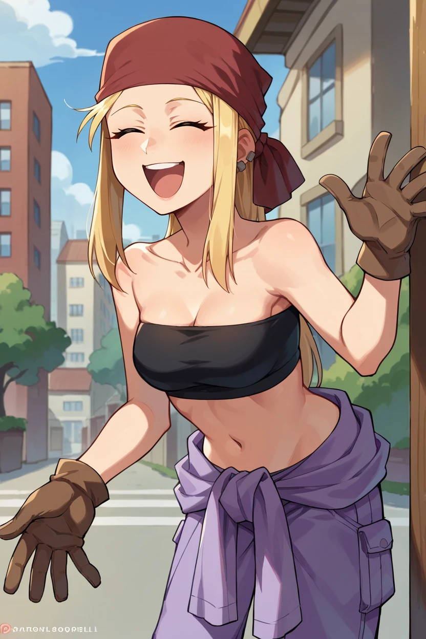 score_9, score_8_up, score_7_up, score_6_up, source_anime BREAK 1girl,  <lora:winry-pdxl-nvwls-v1-000006:1> winry rockbell, blonde hair, earrings, red bandana, black tube top, strapless, midriff, clothes around waist, purple pants, brown gloves, closed eyes, happy, laughing, leaning forward, city