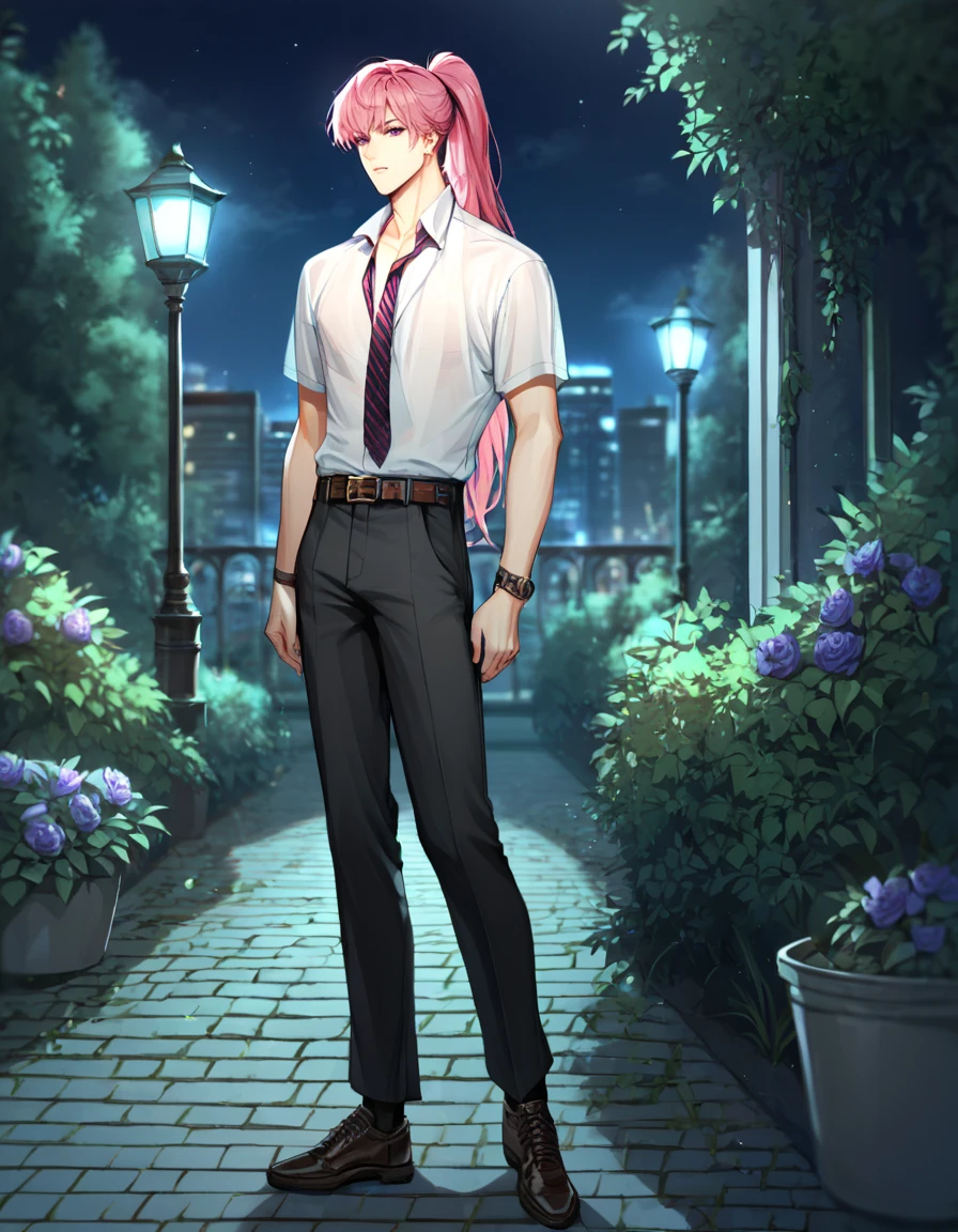 score_9, score_8_up, score_7_up, BREAK 1boy, solo, BREAK male focus, purple eyes, (long hair, high ponytail, pink hair, bangs), open sequin shirt, undone necktie, black pants, belt, shoes, BREAK outdoors, garden, plant, flower, night, city, full body, standing, blurry background,  <lora:ikemenboys:1>