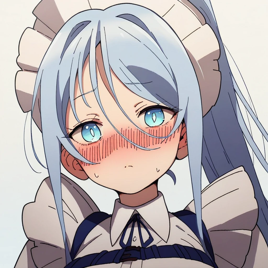 long_hair, 1girl, blue_eyes, blue_hair, solo, blush, large_breasts, ponytail   , maid_headdress, maid, apron, upper body, looking at viewer, score_9, score_8_up, score_7_up, , anime coloring ,BREAK source_anime, anime