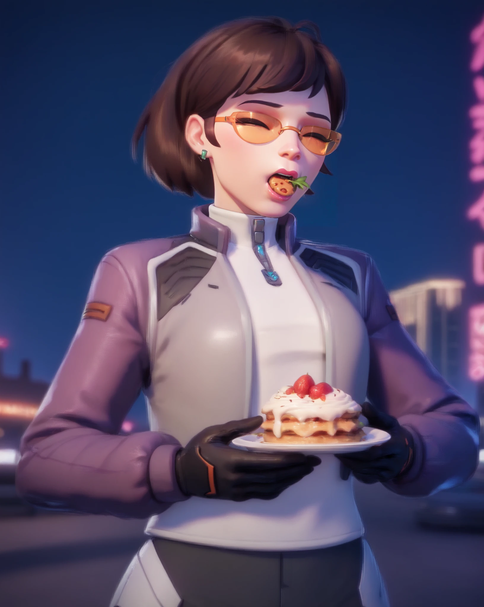score_9, score_8_up, score_7_up, score_6_up, 1girl, solo focus, 2.5d, dva porsche, d.va (overwatch), eating an icecream, city background, <lora:Dva porsche-000030:1>