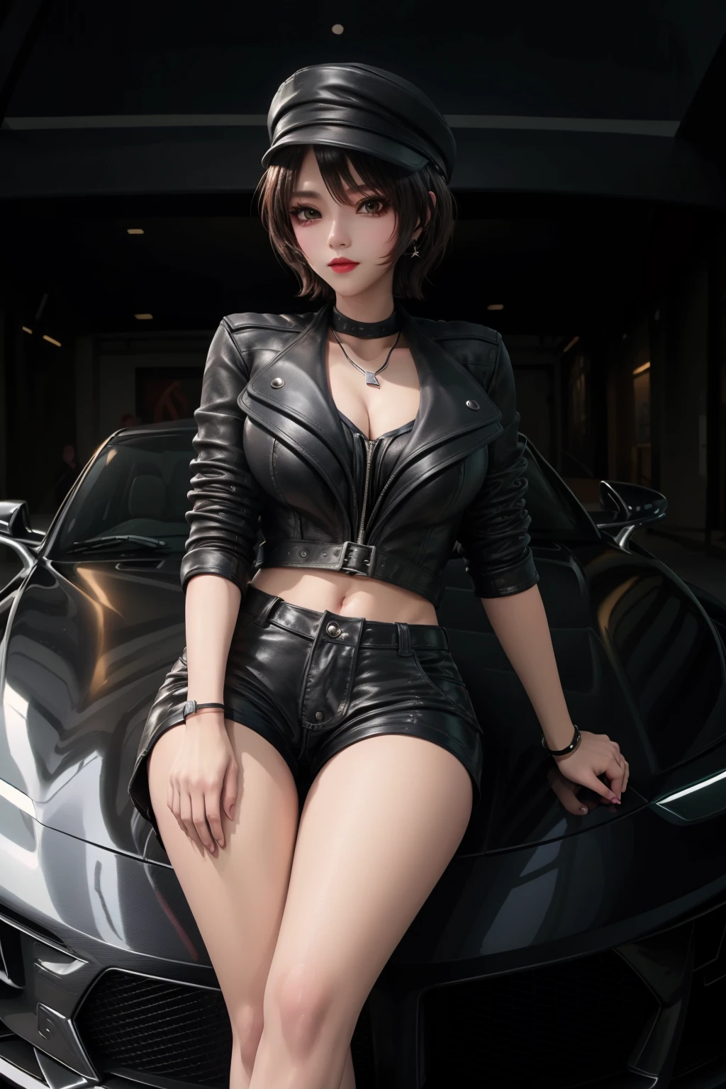 ((best quality)), absurdres, ((ultra high res)), perfect face, beautiful face, shirley, leather outfit, shorts, hat, sitting on her car with the door open, perfect skin, soft skin, <lora:shirleyyy:0.7>