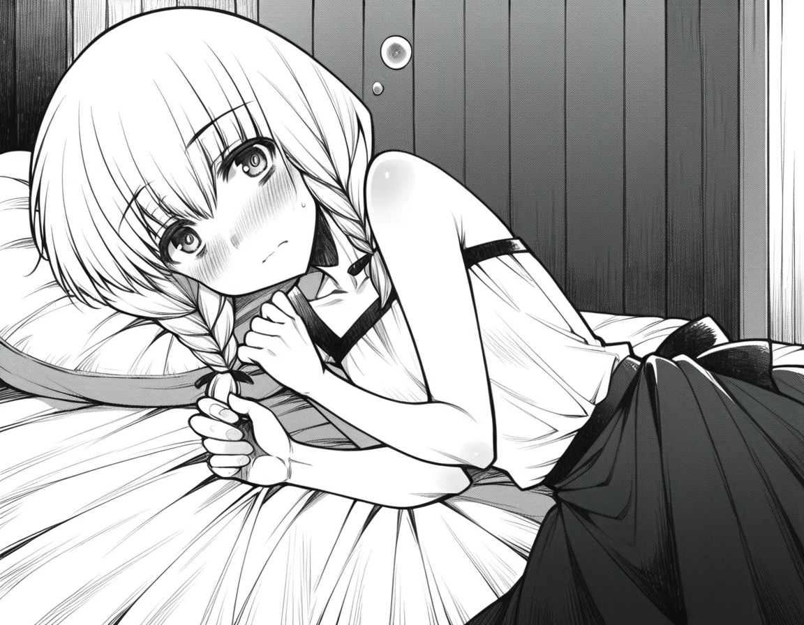 score_9, score_8_up, score_7_up, source_anime,
witchviola, <lora:witch-house-viola-manga-ponyxl-lora-nochekaiser:1>,
viola, braid, twin braids, monochrome, greyscale,
sleeveless, shirt, white shirt, skirt, long skirt, frills,
indoors, bed, bed room, on side, blush, drunk,
solo, looking at viewer, cowboy shot, straight-on,