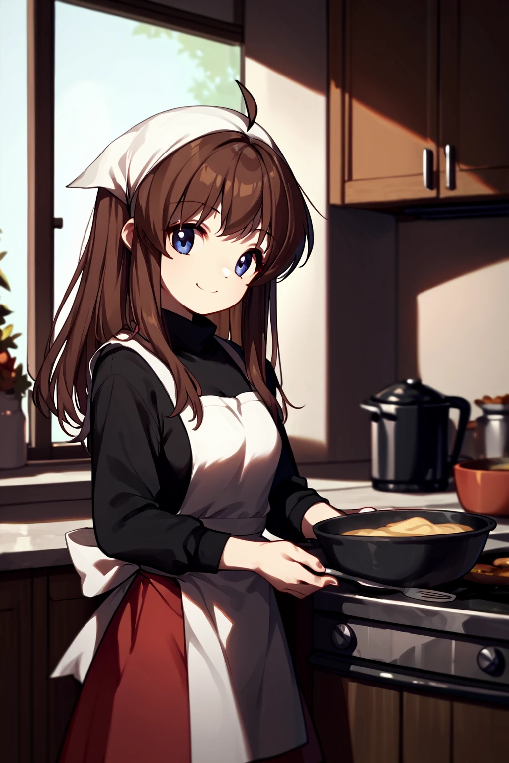 score_9, score_8_up, score_7_up, score_6_up, rating_safe, source_anime, solo, indoors, kitchen, (cooking soup), <lora:miyazawa-yukine-xl-03:1>, miyazawa yukine, (white bandana), apron, black sweater, red skirt, black leggings, tiny ahoge, brown hair, small breasts, smile