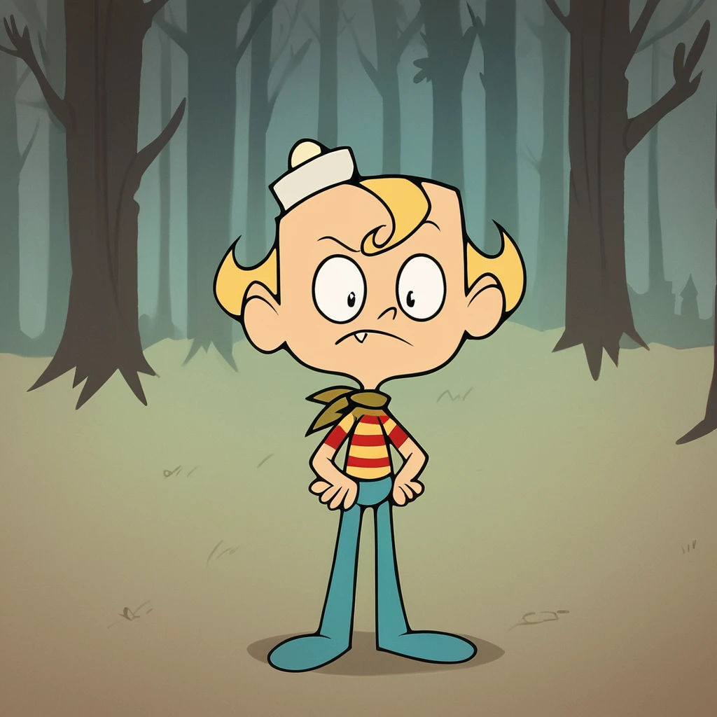 score_9, score_8_up, score_7_up, score_6_up, score_5_up, score_4_up, source_cartoon, toon \(style\),  FLPJCK, full body, (forest:1.3), 1boy, blonde hair, striped shirt, scarf, hat, blue pants, hand on hip, (confused:1.2), scratching head, <lora:flpjckv2-50:1>