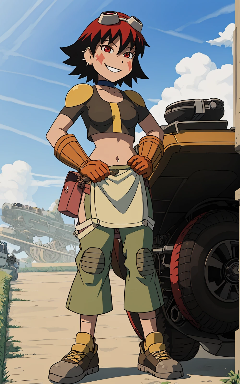 8k,4k,((Best quality, masterpiece, ultra high resolution)),((full body)),   <lora:EvaWeiOSR:0.7>,EvaWeiOSR,human, goggles, short hair, gloves, midriff, goggles on head, navel, crop top,  choker, black hair,red hair,shoes, multicolored hair, two-tone hair, pants,straps,red eyes, facial mark,yellow shoulder pads,apron,smile,shirt,mechanical workshop,kneepads,car, engine, sky, clouds