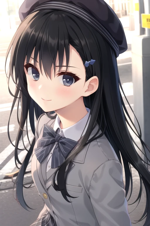 ((masterpiece)),(best quality),official art,extremely delicate and beautiful,extremely detailed CG,unity 8k wallpaper,ultra detailed,beautiful detailed eyes,extremely detailed face,outdoors,1girl,solo,upper body,(portrait:1.5),looking at viewer,facing viewer,smile,(petite:1.2),Akiyoshi Fuyuka,beret,grey headwear,very long hair,black hair,floating hair,hair ornament,hairclip,hairpin,sidelocks,hair between eyes,bangs,black eyes,school uniform,grey jacket,blazer,grey bowtie,striped bowtie,white shirt,collared shirt,long sleeves,medium breasts,striped skirt,vertical stripes,pleated skirt,frilled skirt,black pantyhose,knee boots,lace-up boots,cross-laced footwear,<lora:Akiyoshi Fuyuka(Kanojo no Seiiki):0.8>,