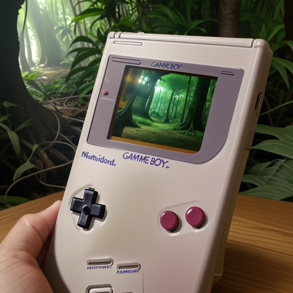 gameboyclassic, no humans, game boy, jungle in background, wallpaper,  focus on game console, close up, <lora:Classic_Game_Boy:1>