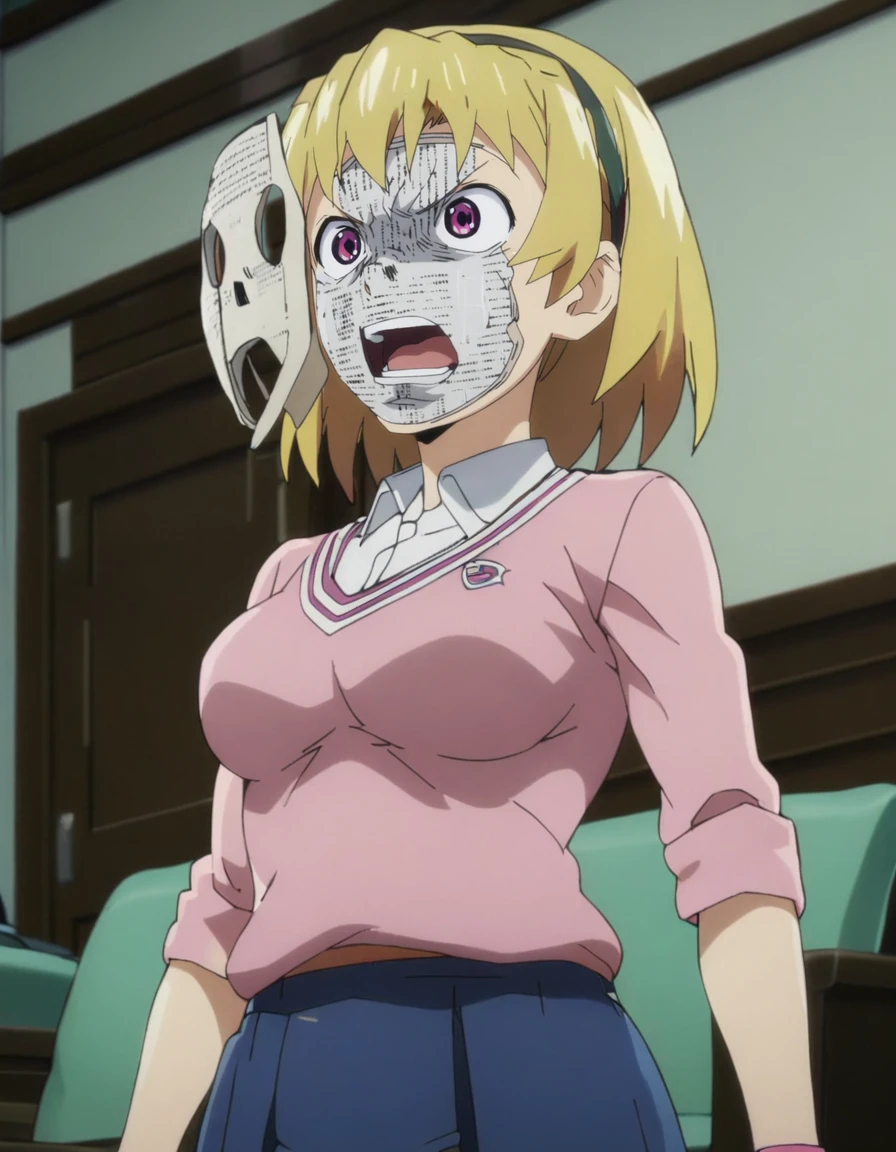 masterpiece, best quality, ultra detailed, highres,4k,(ultra-detailed:1.4) (illustration:0.5), (ray tracing,:0.8),(anime colored:0.7),(ai-generated:0.5), (anime screencap:1.2),
1girl,solo,
<lora:houjousatokoXL1:0.8>,houjousatoko,
short hair,blonde hair,purple eyes,hairband,
large breasts,
casual wear,skirt,
living room,
upper body,angry,
<lora:heavensdoorXL1:0.8>,heavensdoor,
english text,broken mask,hockey mask,covered face, headgear,