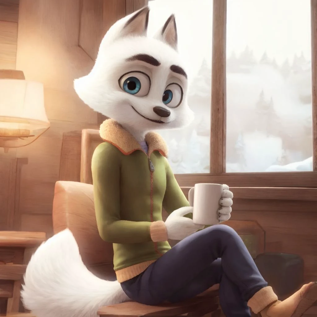 <lora:Swifty:1>, full body,  <lora:Furtastic_Detailer:1>, 3d, 3d animated, sitting, blue pants, green jacket, looking at viewer, smiling, inside, cabin, couch, window, snowing, holding hot chocolate, crossed legs,