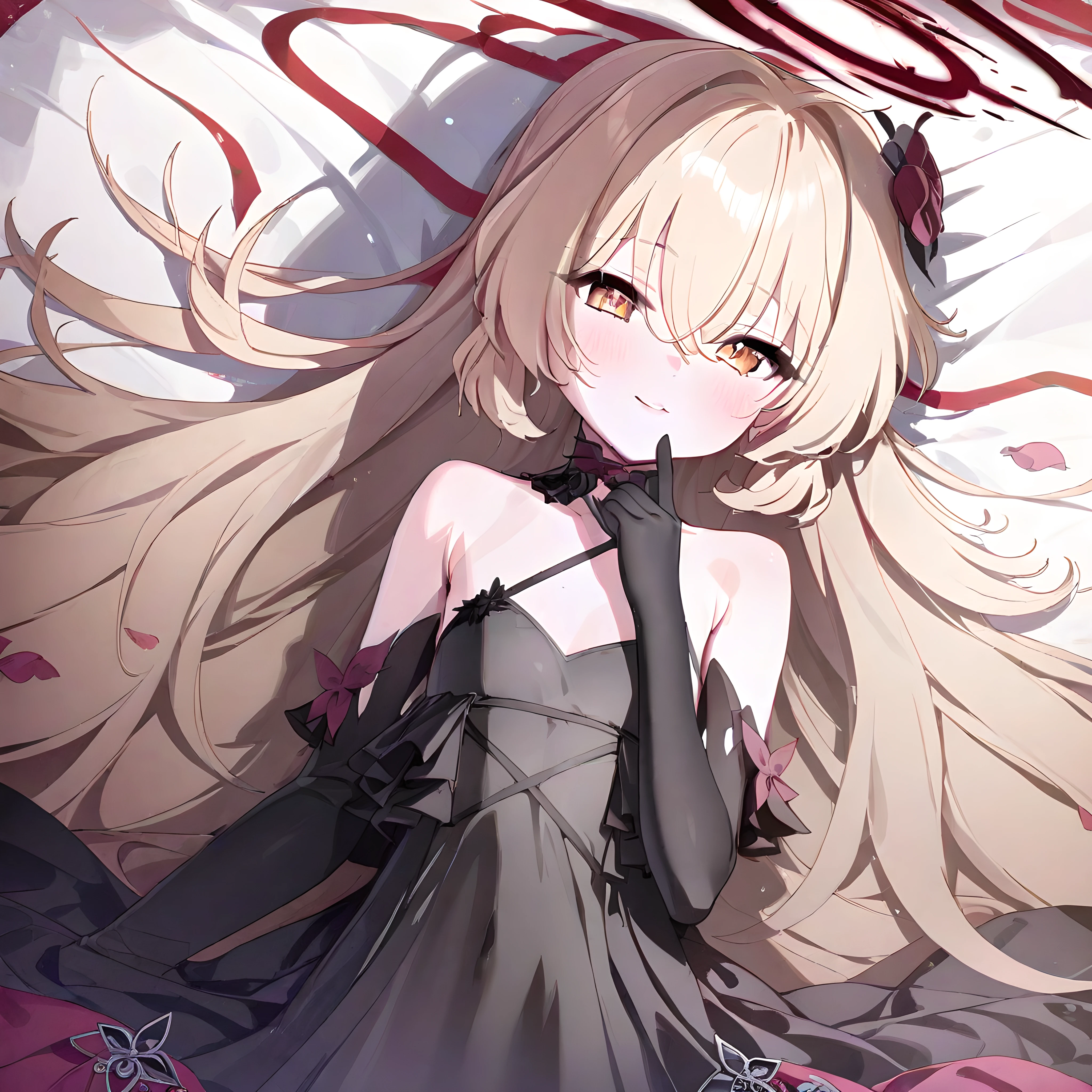 (masterpiece),(best quality),(ultra-detailed),(best illustration),(best shadow),(absurdres),(detailed background),(very aesthetic),eve meitner, 1girl, long hair, gloves, solo, elbow gloves, dress, blonde hair, yellow eyes, halo, lying, black gloves, looking at viewer, lying on bed, on bed, pov, from above, <lora:evemeitner:1>