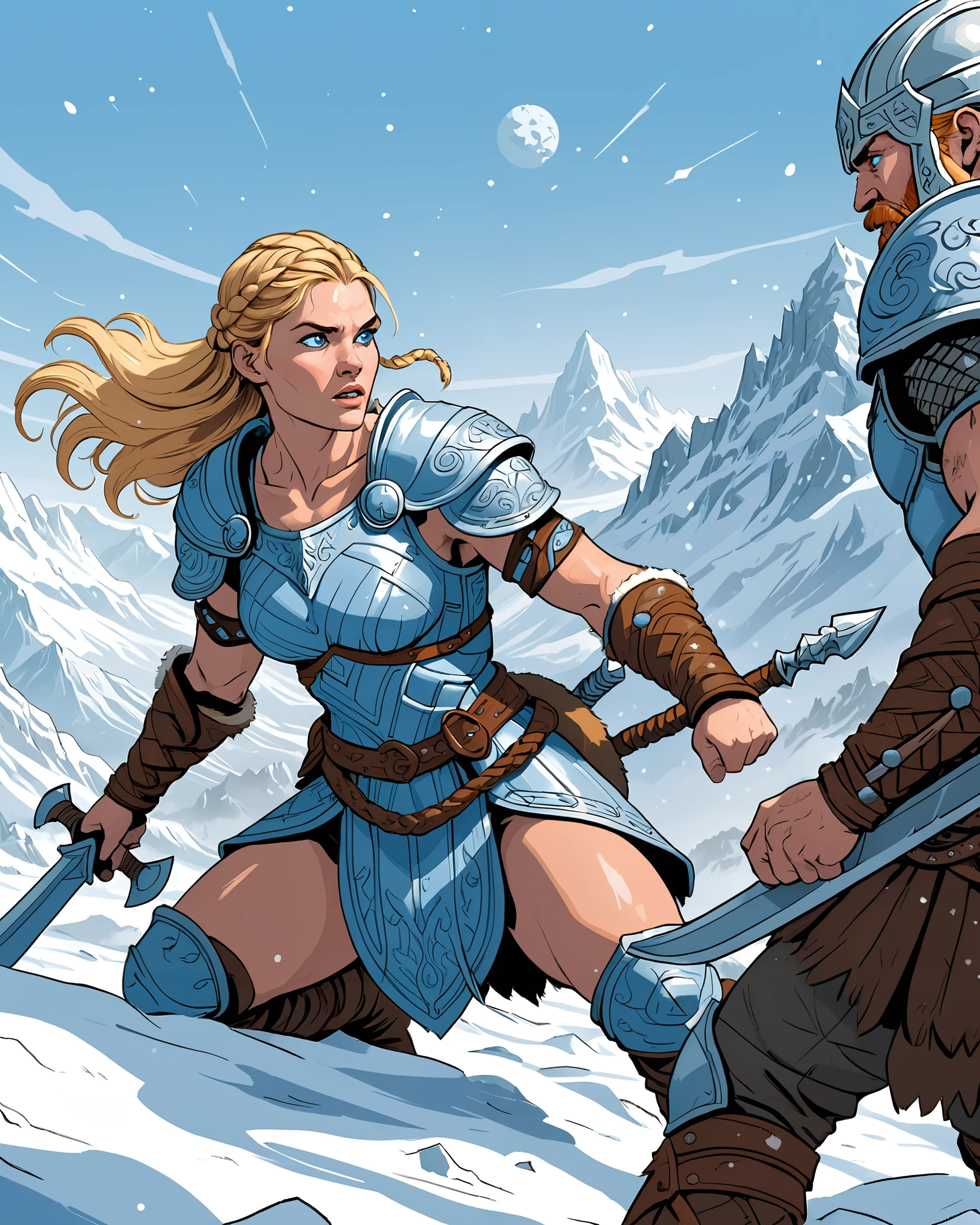 graphic novel flat colors style, cropped detail, fine intricate lineart, hatched shadows, (a barbarian viking woman with braided blonde hair and cold blue eyes, wearing an armor), fighting between snow mountains, winter planet, sci-fi setting, movement.