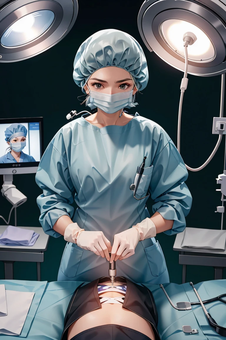 (RAW photo, best quality), operating room, overhead surgical light,blurred background, focused, dithering,backlighting, from front,
 <lora:pov_surgery_V1.0-000004:0.8>  pov_surgery, surgical mask,stethoscope,headwear,hospital,gloves,looking down,long sleeves, worried