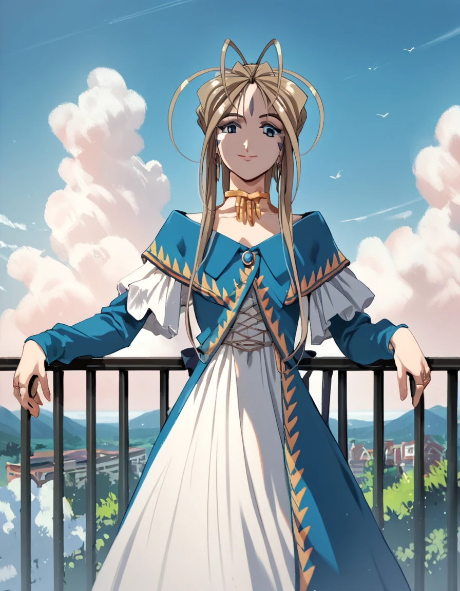 score_9, score_8_up, score_7_up, score_6_up, score_5_up, score_4_up, source_anime,  Belldandy, looking at viewer, smile, long sleeves, dress, ribbon, jewelry, earrings, outdoors, sky, choker, day, cloud, makeup, ring, railing,