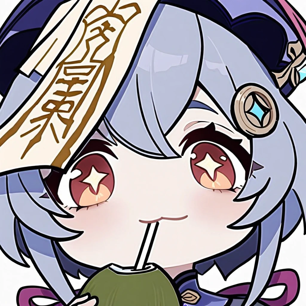 big-haed,portrait,:3, masterpiece, best quality, qiqi (genshin impact), hat 1girl, drinking straw, solo, holding, looking at viewer, chibi, drink,coconut, drinking straw in mouth, milk carton, simple background, sparkling eyes, +_+, symbol-shaped pupils, wide sleeves, chinese clothes, juice box, talisman, can, bendy straw, white background, holding drink