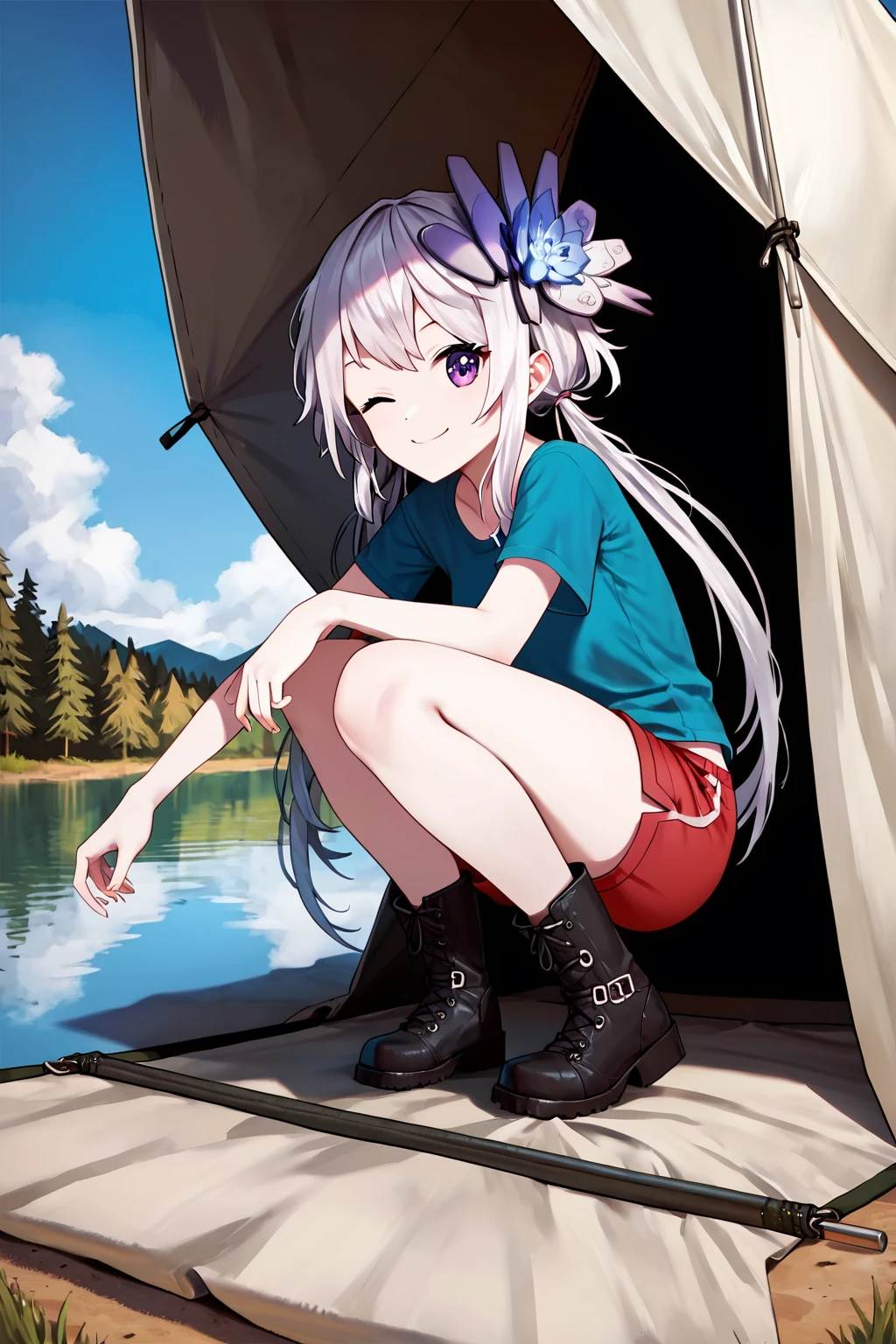 score_9, score_8_up, score_7_up, score_6_up, rating_questionable, source_anime, best quality, masterpiece, detailed background, detailed eyes, camping, tent, lake, blue t-shirt, red shorts, black boots, smile, wink, crouching, knees together, cowboy shot, <lora:philia-xl-27:1.2>, philia, violet_eyes, long pigtails, stella hair ornament, small breasts,