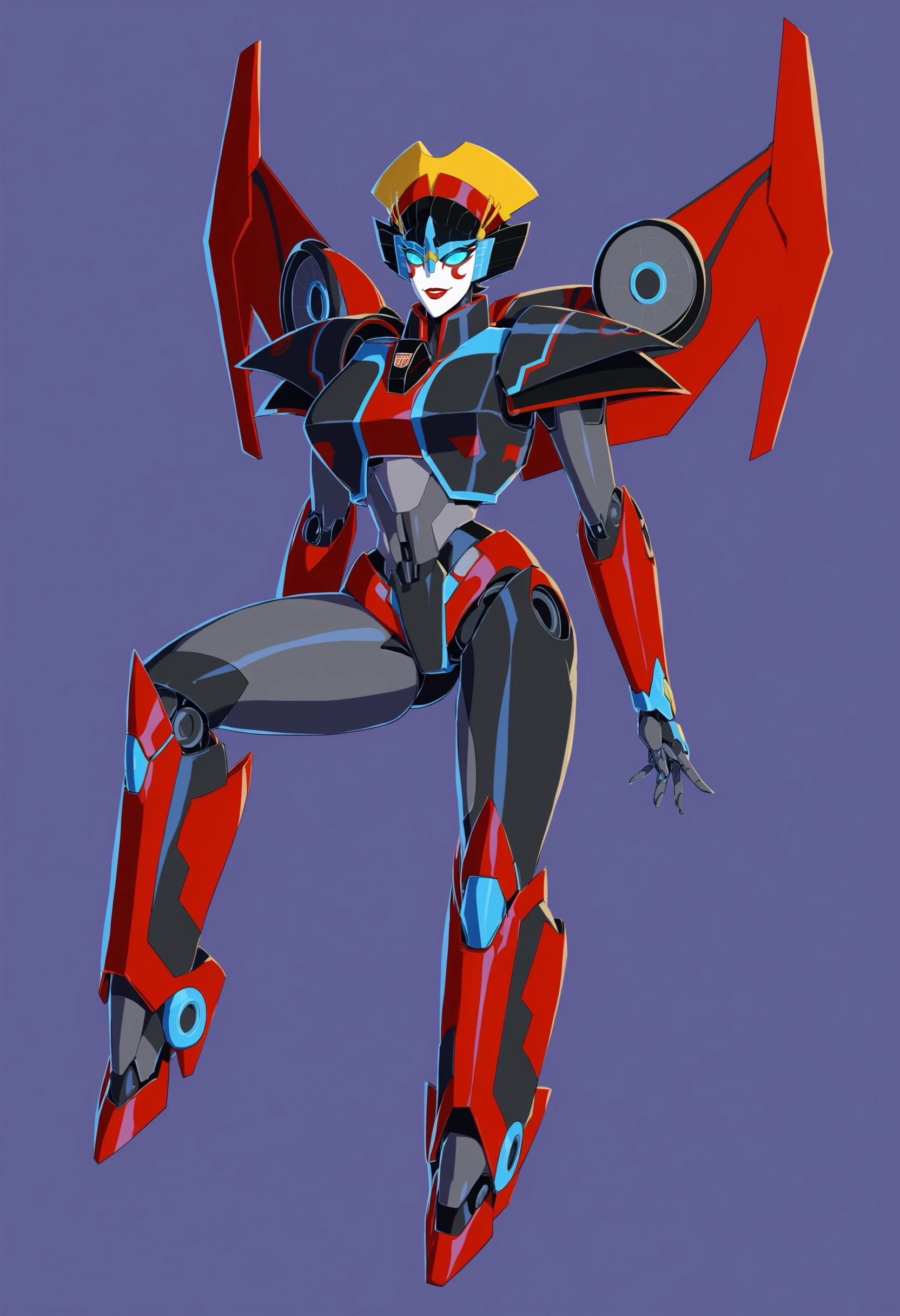 score_9, score_8_up, score_8, source_anime, 1girl, <lora:Windblade:0.8> solo, autobot, robot, mecha, red lips, blue eyes, glowing eyes, smile, big breasts, wings, mechanical wings, foot, leg up,
purple background, simple background,