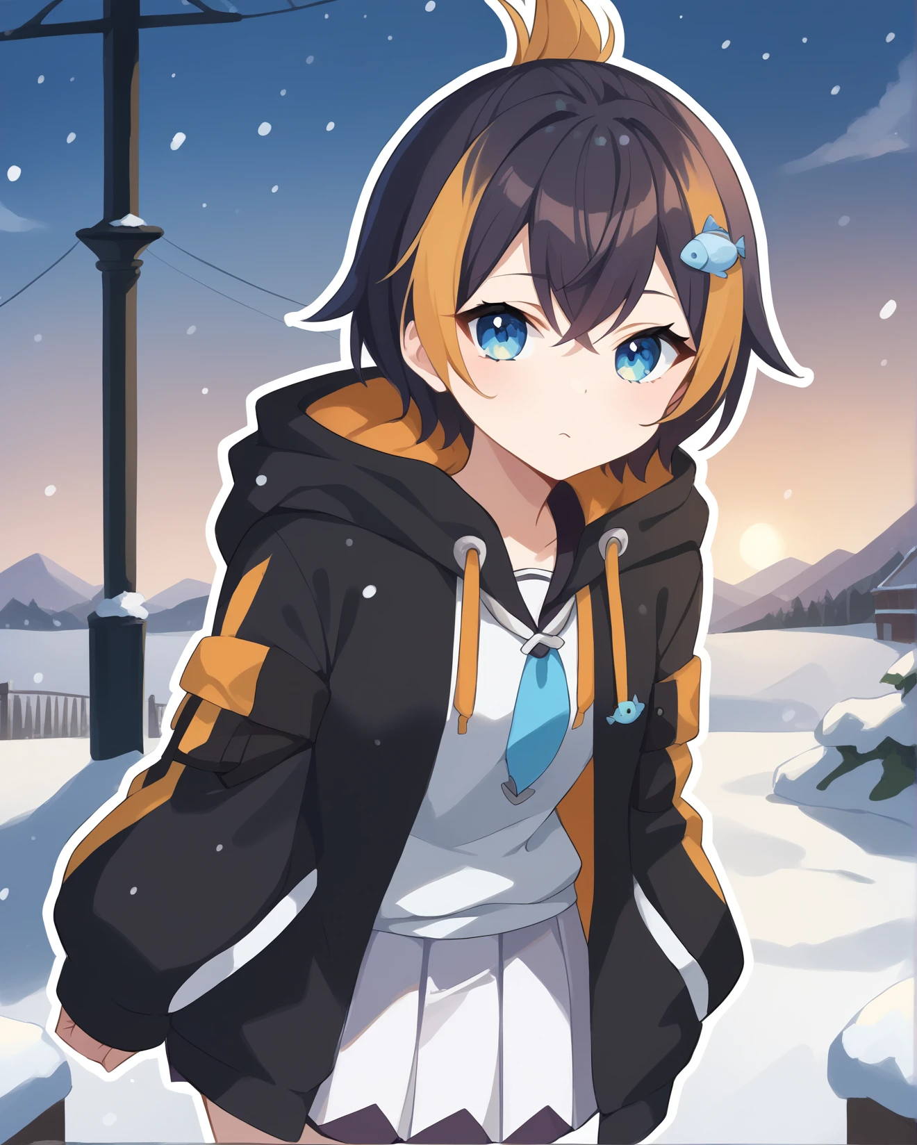 score_9, score_8_up, score_7_up, score_6_up, score_5_up, score_4_up, source_anime, (best quality, ultra detailed, absurdres, masterpiece:1.2), (ai-generated:0.6), color, (white outline:1.3), outdoors, snow, snowing, <lora:ThaNukiSDXL:1> <lora:petragurinPonyXL:1>
BREAK
petragurin, 1girl, solo, short hair, bangs, blue eyes, skirt, black hair, hair ornament, long sleeves, multicolored hair, pleated skirt, hood, orange hair, streaked hair, hoodie, white skirt, hood down, black hoodie, white hoodie, fish hair ornament