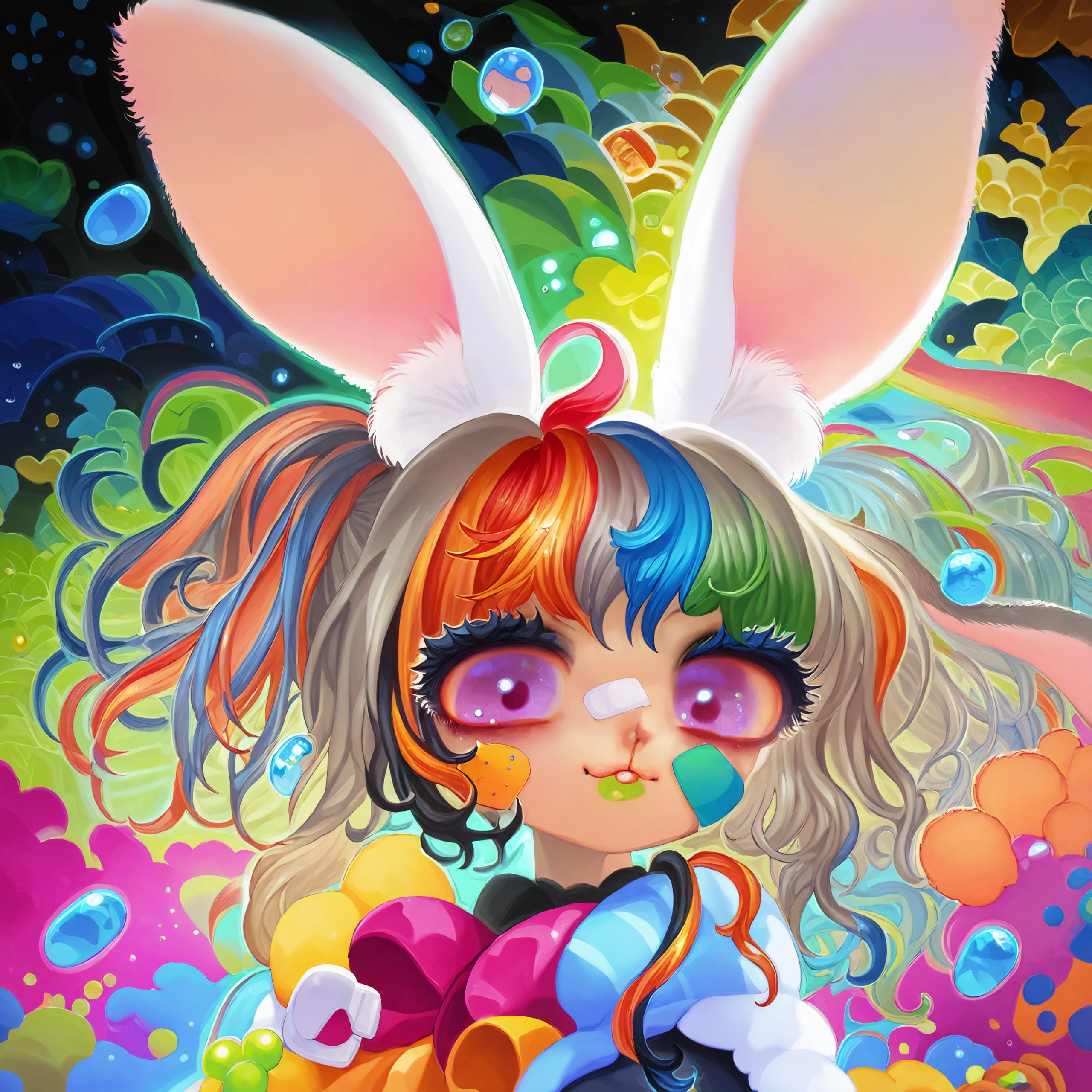 score_9, score_8_up, score_7_up, yukaman_style,
1girl, solo, multicolored hair, portrait, abstract background, rabbit ears, bandaid on face,
<lora:yukaman_pdxl2:1>