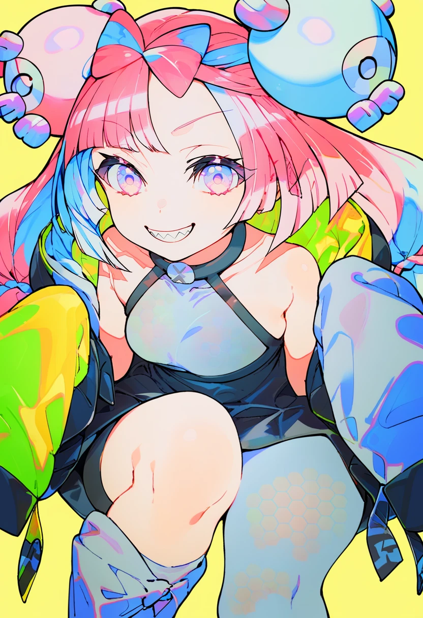 score_9, score_8_up, score_7_up, score_6_up, <lora:MikaPikaZoXL_Js2_lokr_V42310:0.95> 1girl, iono \(pokemon\), solo, jacket, hair ornament, teeth, yellow jacket, pink hair, multicolored hair, smile, single leg pantyhose, sleeves past fingers, long hair, sharp teeth, character hair ornament, sleeves past wrists, bow-shaped hair, yellow background, grin, pantyhose, shirt, sleeveless shirt, two-tone hair, thigh strap, looking at viewer, grey pantyhose, sleeveless, oversized clothes, very long sleeves, simple background, pink eyes, grey shirt, hexagon print