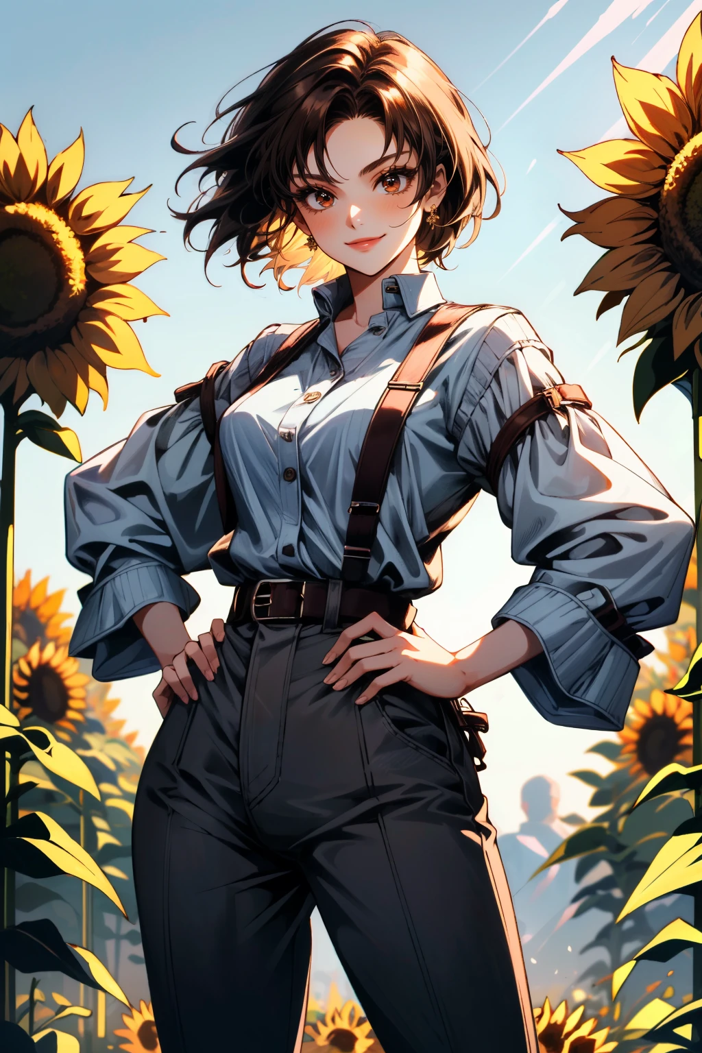 ((ultra detailed, masterpiece, absurdres))
<lora:TKAsuka:0.8>
TKAsuka, 1girl, brown hair, brown eyes, surrounded by sunflowers in a bright field, smiling, with hands on hips