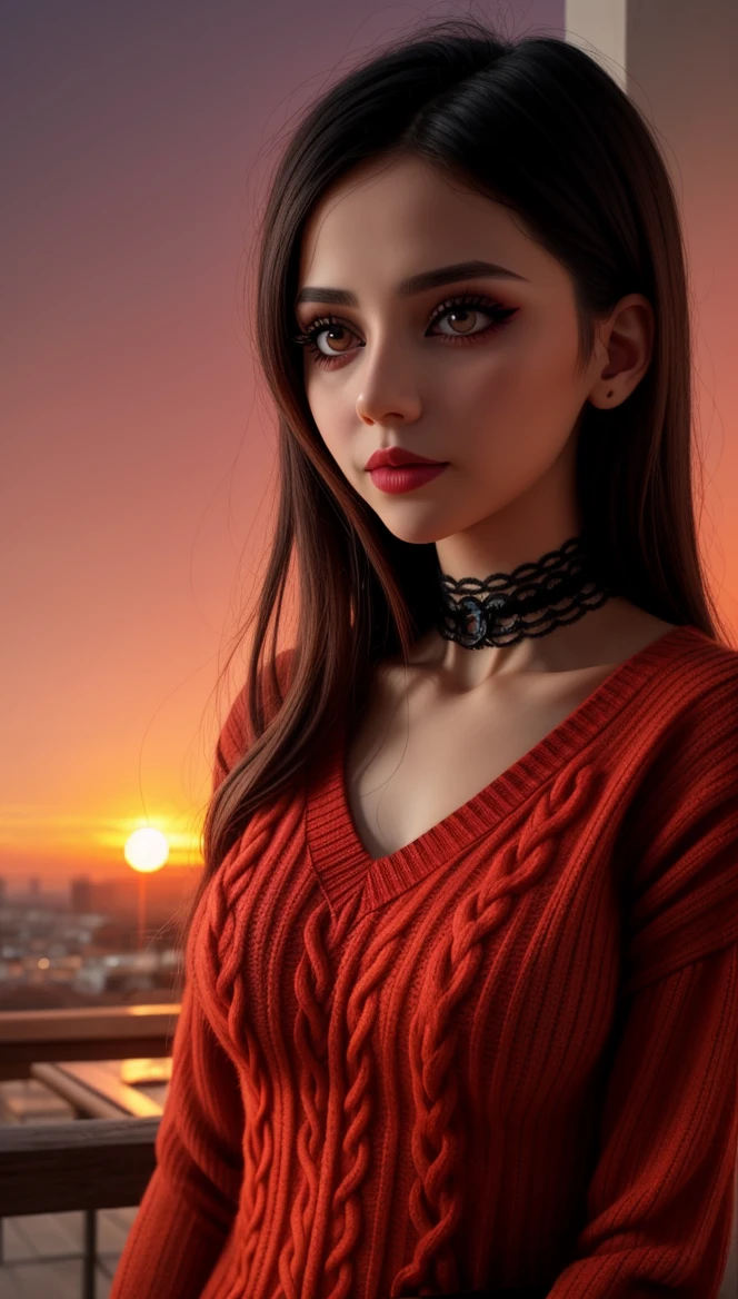 1 young cute iranian girl, very slim, skinny, redhead, rouge, red neck lace choker, cateyes makeup, colorful, oversize knit jumper, softcore, warm lighting, cosy atmosphere, Instagram style, red theme, upper body shot,(cinematic, black and red:0.85), (sunset beautiful background:1.3), sharp, dim colors