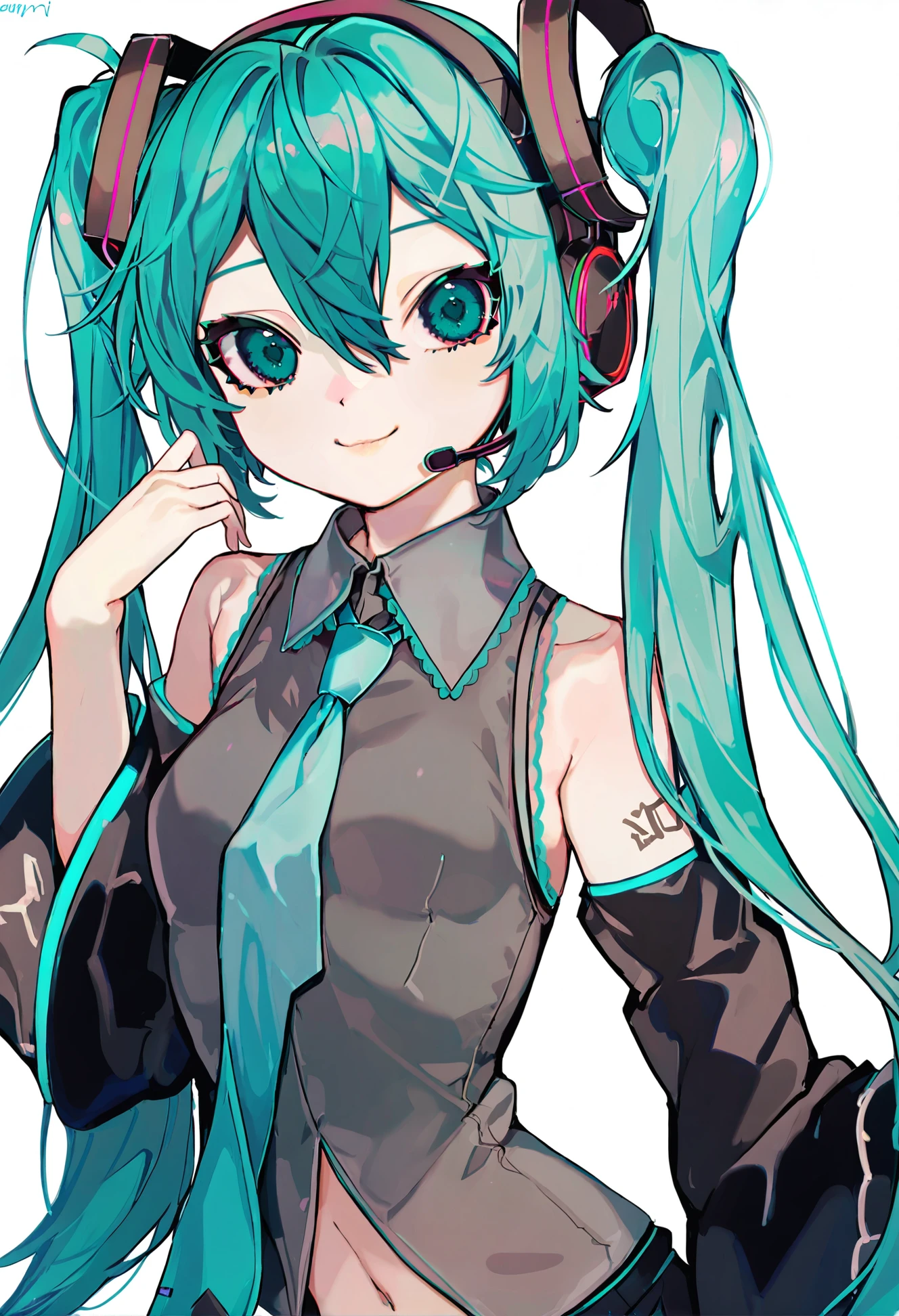 masterpiece, best quality,
1girl, hatsune miku,
bow, necktie, detached sleeves, solo, shirt, looking at viewer, smile, hair bow, headset, blue bow, white background, :3, upper body, cropped torso, updo, number tattoo, aqua eyes, sleeveless shirt, sleeveless, simple background, grey shirt, blush, aqua hair, bare shoulders, tattoo, black sleeves, collared shirt, closed mouth, hands up, aqua necktie, hair between eyes, twitter username, wide sleeves, long hair, long sleeves, sidelocks, blush stickers, hair ornament, very long hair, neon trim, shoulder tattoo, sleeves past wrists, breasts, head tilt, headphones, small breasts
<lora:menouXLlokr8f-000186:0.95>
