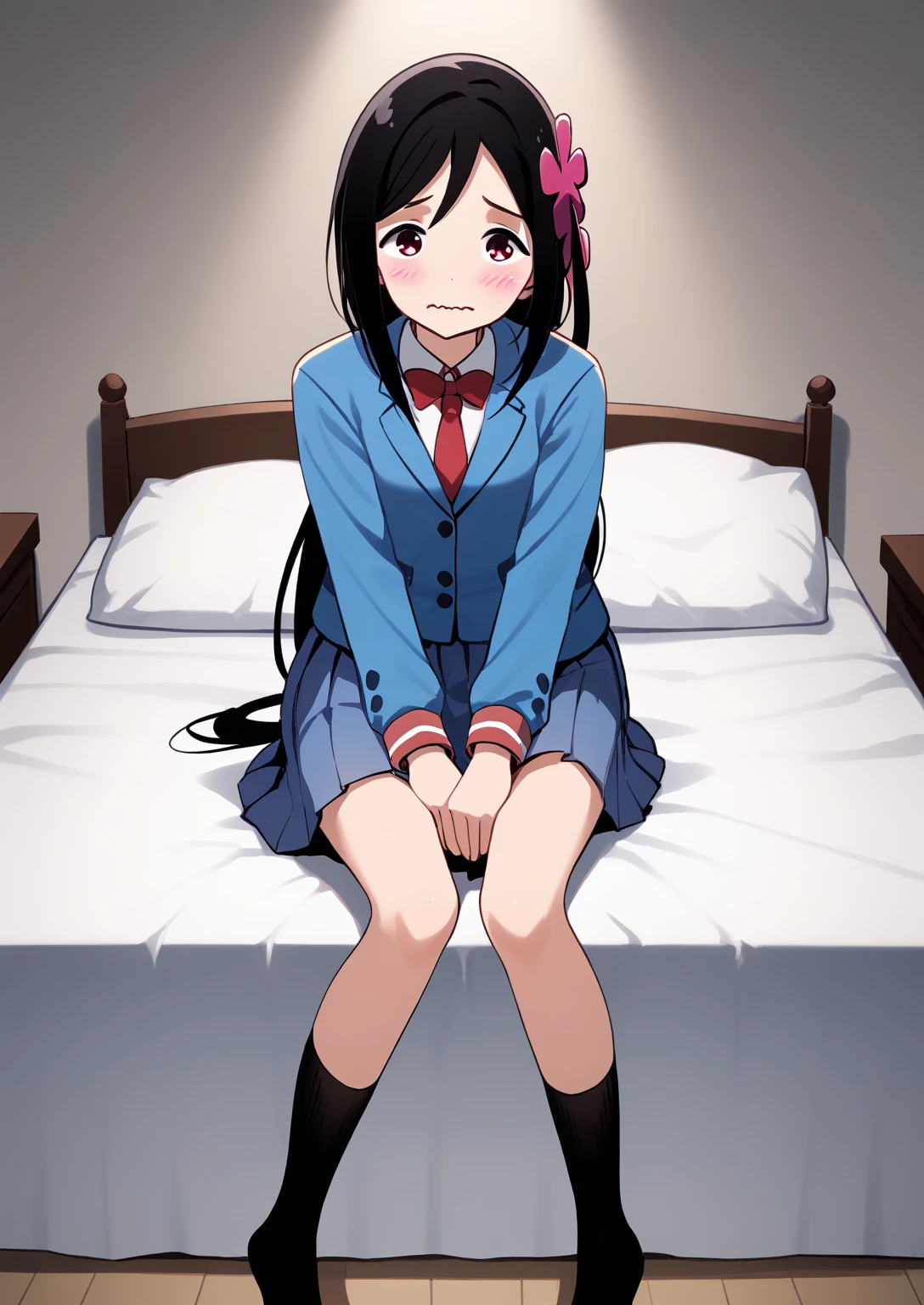 <lora:Anime Style 2 SDXL_LoRA_Pony Diffusion V6 XL:0.5>, score_9, score_8_up, score_7_up, source_anime, (masterpiece, best quality:1.2), extremely detailed, soft ambient lighting, sharp focus, 4K, BREAK <lora:HitoBocchi-000005:1>, HitoBocchi, 1girl, solo, red eyes, long black hair, side-tail, hair flower ornament, school uniform, blue jacket, red tie, sky blue pleated skirt, black socks, BREAK nervous, blush, looking at viewer, wavy mouth, BREAK indoors, bedroom, messy room, sitting, on bed,