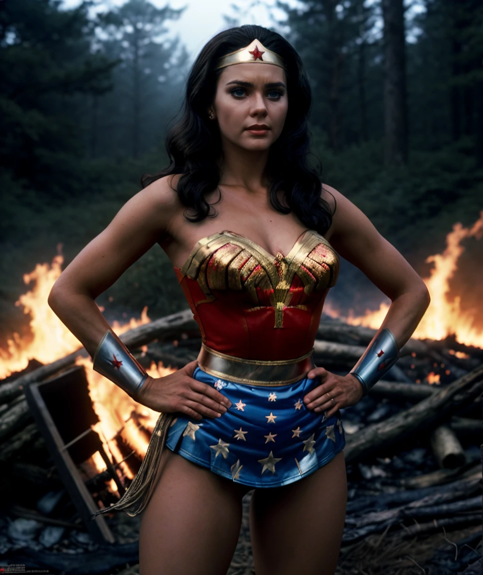 cinematic photo  <lora:quiron_WonderWomanRetro_v1340_Lora:0.77>  wonderWomanRetroquiron, wonderWomanRetro, black hair, realistic, solo, long hair, blue eyes,Standing with hands on hips , at Witch's Hut in the Woods, warrior pose,  fog, explotion, fire, lighting, fantasy,  . 35mm photograph, film, bokeh, professional, 4k, highly detailed