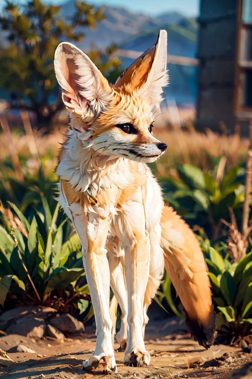 ((masterpiece,best quality)), absurdres, <lora:FennecFox:0.7>, FennecFox, looking to side, blurry, black eyes, no humans, blurry background, white fur, full body, standing,